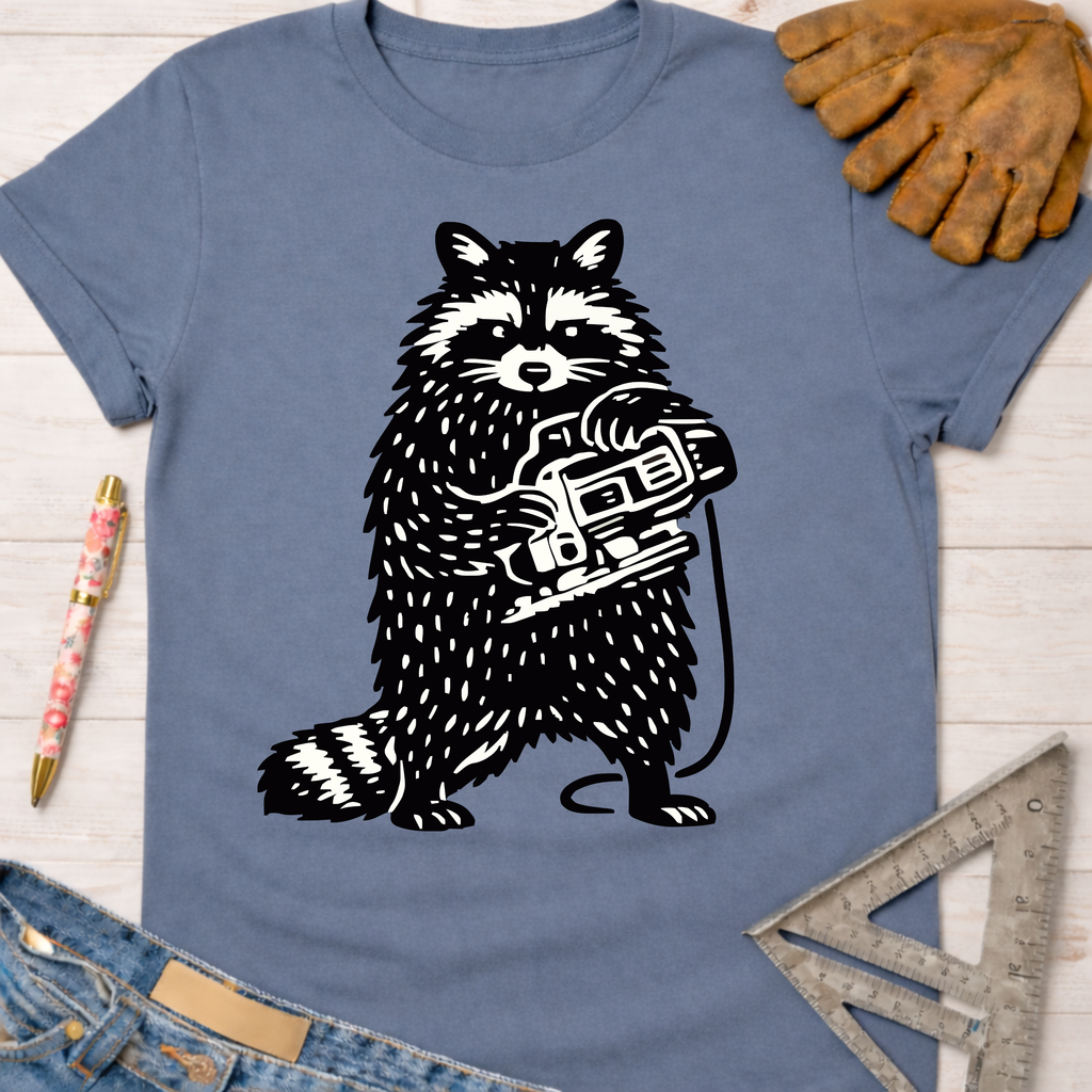 Women's funny woodworking graphic tee shirt for female woodworkers, makers, and DIY builders — Sawdust & Ponytails. Blue cotton tee with a black and white raccoon holding a jigsaw.