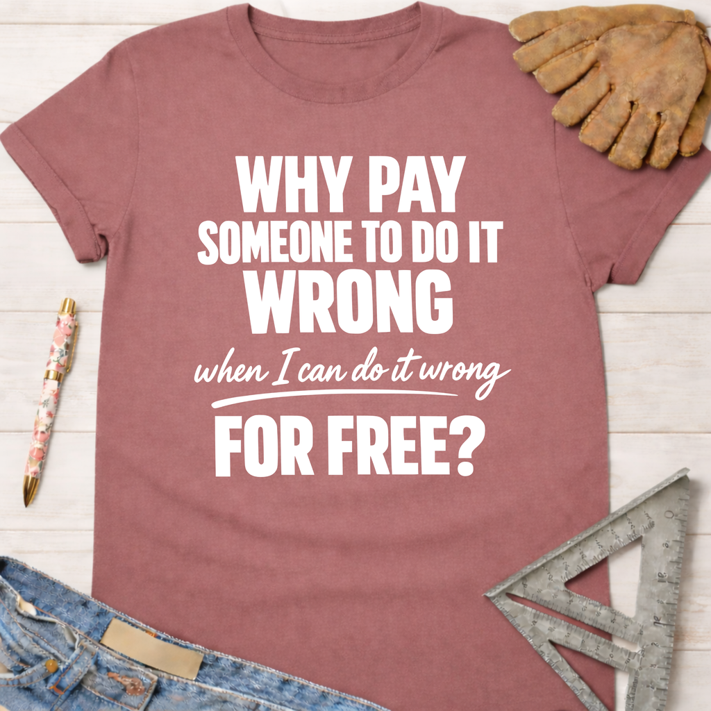 Women's funny woodworking graphic tee shirt for female woodworkers, makers, and DIY builders — Sawdust & Ponytails. Mauve t-shirt with "WHY PAY SOMEONE TO DO IT WRONG when I can do it wrong FOR FREE?" in white text.