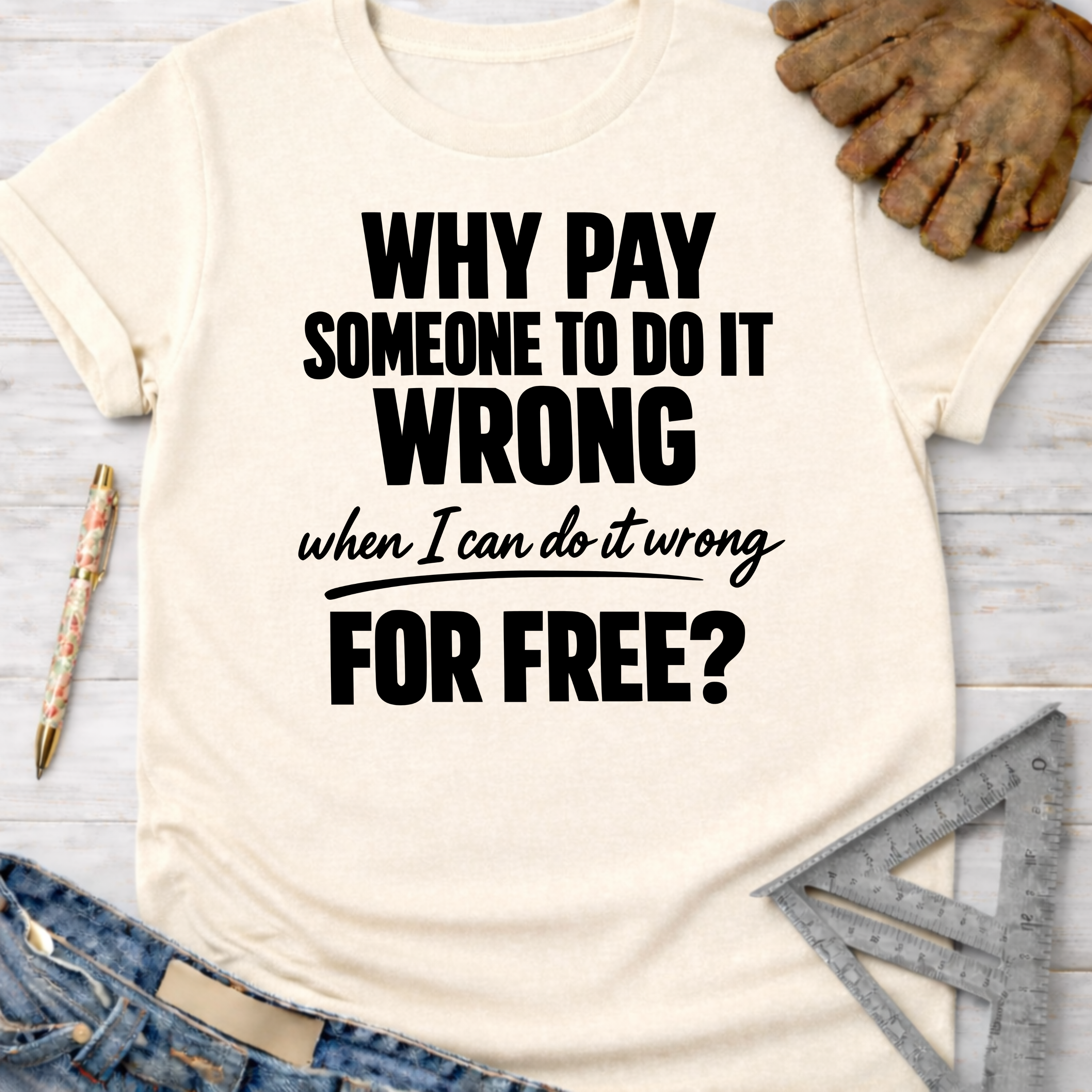 Women's funny woodworking graphic tee shirt for female woodworkers, makers, and DIY builders — Sawdust & Ponytails. Cream t-shirt with "Why Pay Someone To Do It Wrong When I Can Do It Wrong For Free?" text.