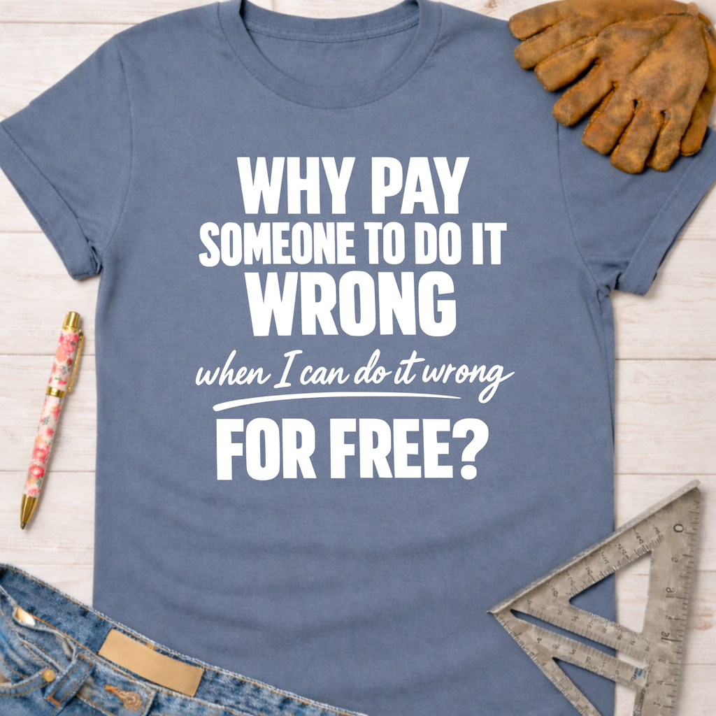 Women's funny woodworking graphic tee shirt for female woodworkers, makers, and DIY builders — Sawdust & Ponytails. Blue cotton tee with "Why Pay Someone To Do It Wrong When I Can Do It Wrong For Free?" in white text.