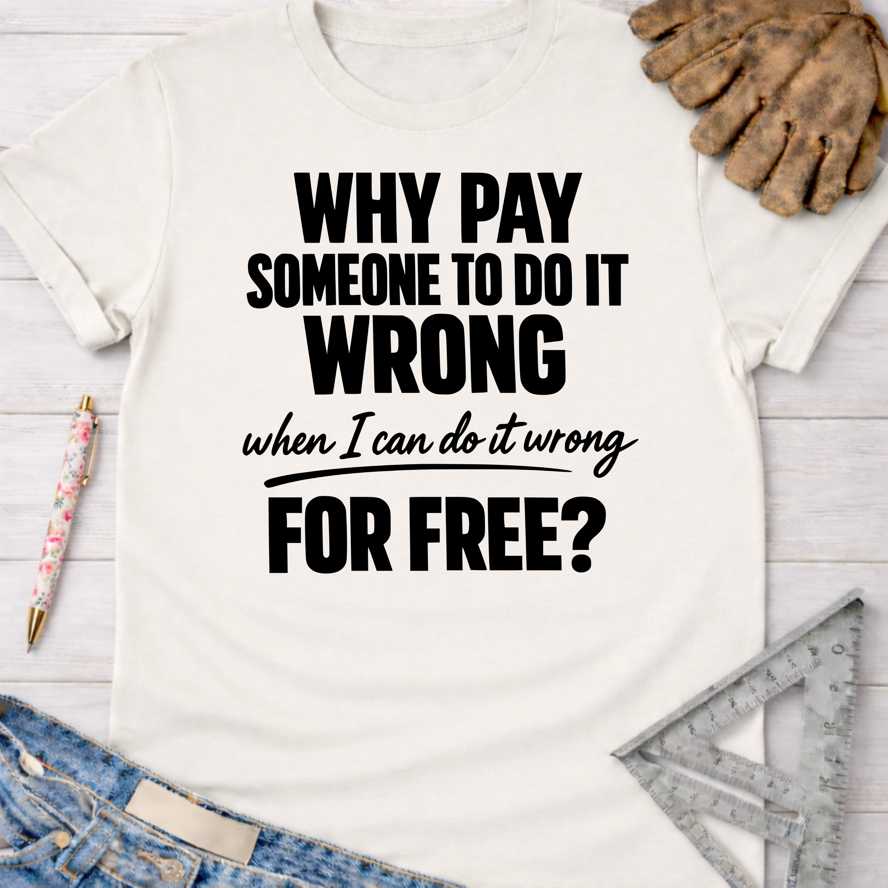 Women's funny woodworking graphic tee shirt for female woodworkers, makers, and DIY builders — Sawdust & Ponytails. White short-sleeve tee with "Why Pay Someone To Do It Wrong When I Can Do It Wrong For Free?" text.