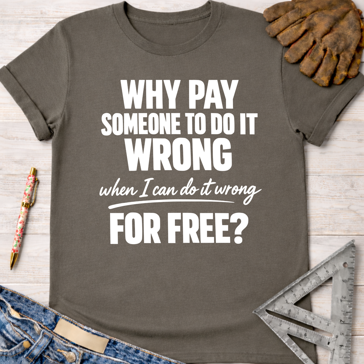 Women's funny woodworking graphic tee shirt for female woodworkers, makers, and DIY builders — Sawdust & Ponytails. Dark gray cotton t-shirt with "WHY PAY SOMEONE TO DO IT WRONG when I can do it wrong FOR FREE?" in white text.