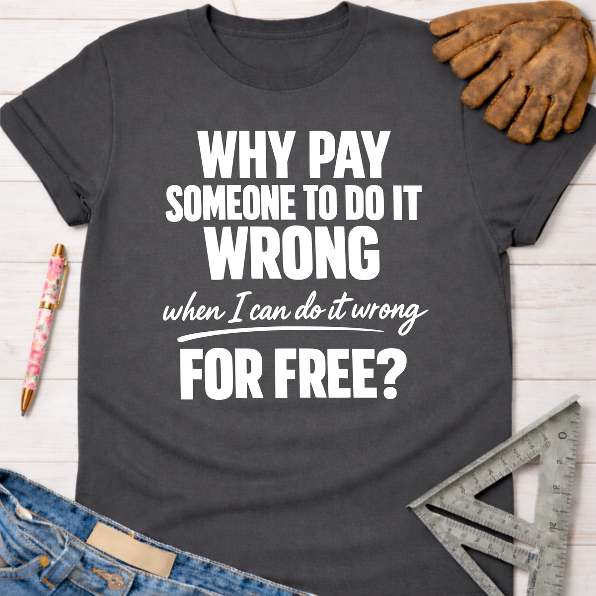 Women's funny woodworking graphic tee shirt for female woodworkers, makers, and DIY builders — Sawdust & Ponytails. Dark gray cotton t-shirt with "WHY PAY SOMEONE TO DO IT WRONG when I can do it wrong FOR FREE?" in white text.
