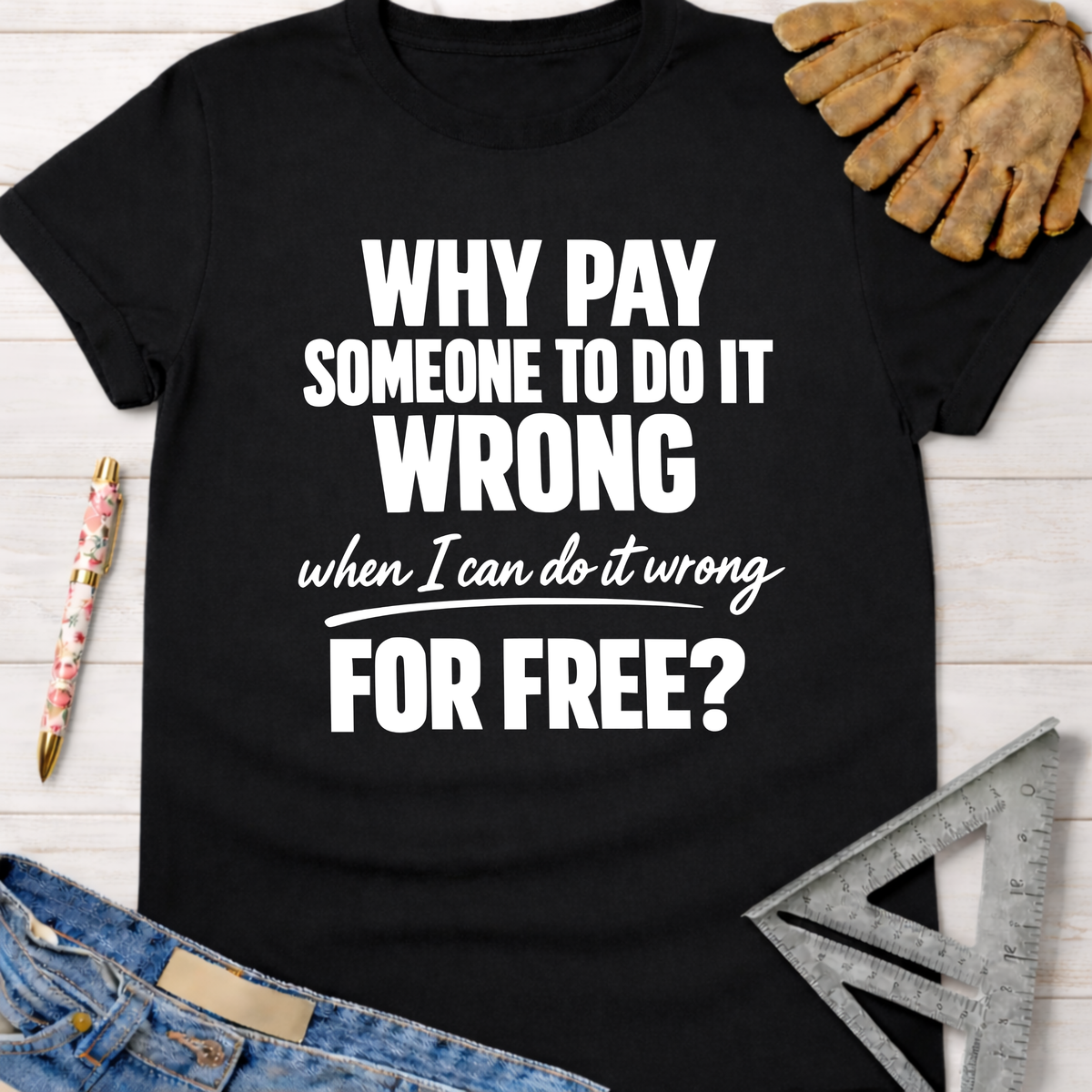 Women's funny woodworking graphic tee shirt for female woodworkers, makers, and DIY builders — Sawdust & Ponytails. Black cotton tee with "Why Pay Someone To Do It Wrong When I Can Do It Wrong For Free?" in white text.