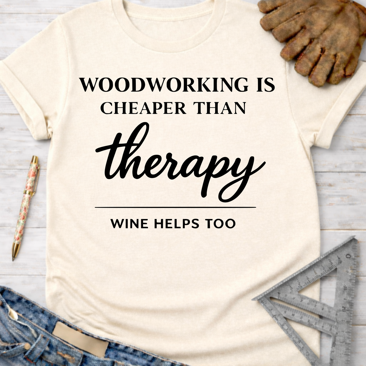 Women's funny woodworking graphic tee shirt for female woodworkers, makers, and DIY builders — Sawdust & Ponytails.