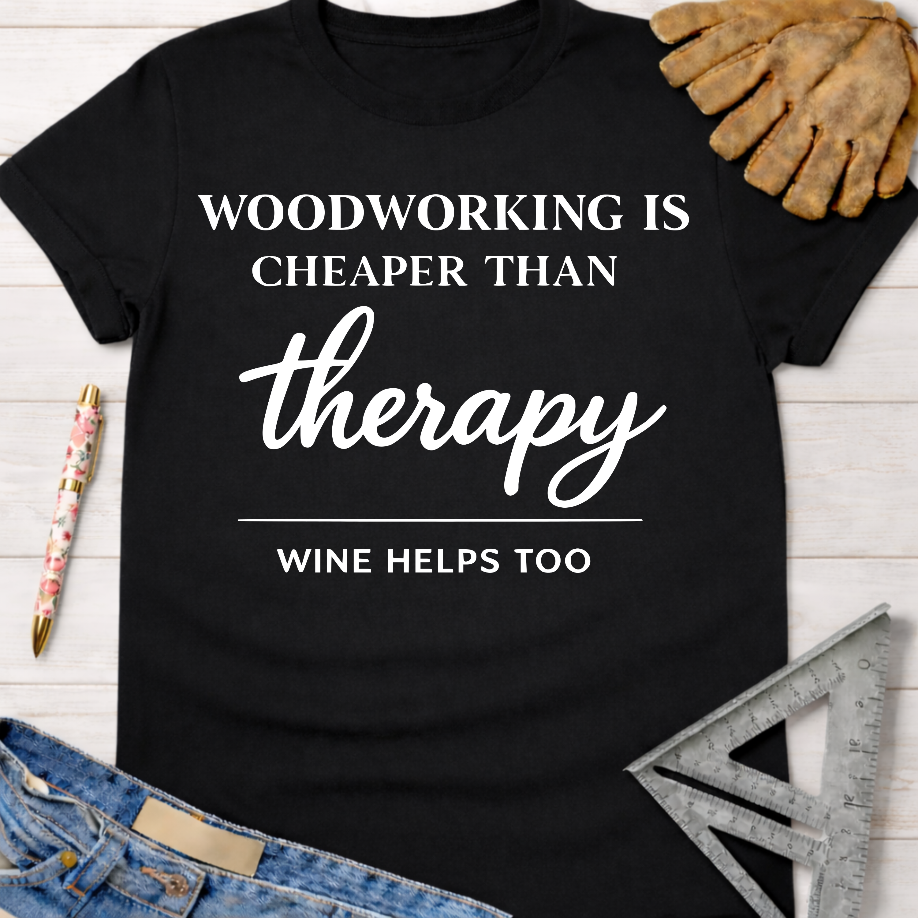 Black cotton "Woodworking is Cheaper Than Therapy, Wine Helps Too" graphic tee. Women's funny woodworking graphic tee shirt for female woodworkers, makers, and DIY builders — Sawdust & Ponytails.