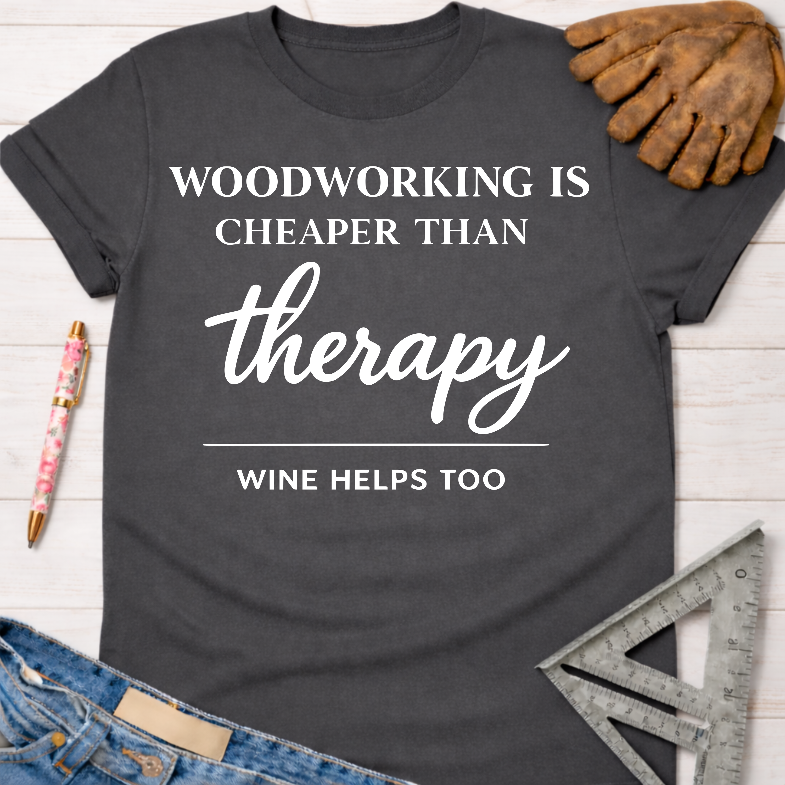 Women's funny woodworking graphic tee shirt for female woodworkers, makers, and DIY builders — Sawdust & Ponytails. Dark gray crewneck t-shirt with "WOODWORKING IS CHEAPER THAN therapy WINE HELPS TOO" in white text.