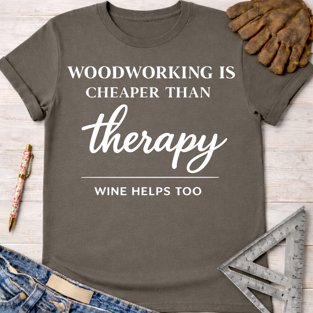 Women's funny woodworking graphic tee shirt for female woodworkers, makers, and DIY builders — Sawdust & Ponytails. Dark gray tee with "Woodworking is cheaper than therapy, wine helps too" in white text.