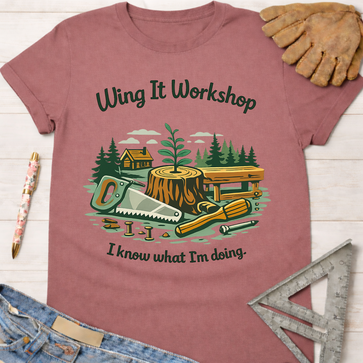Women's funny woodworking graphic tee shirt for female woodworkers, makers, and DIY builders — Sawdust & Ponytails. Mauve cotton tee with "Wing It Workshop" and "I know what I'm doing" text, featuring a saw, screwdriver, tree stump, and cabin graphic.