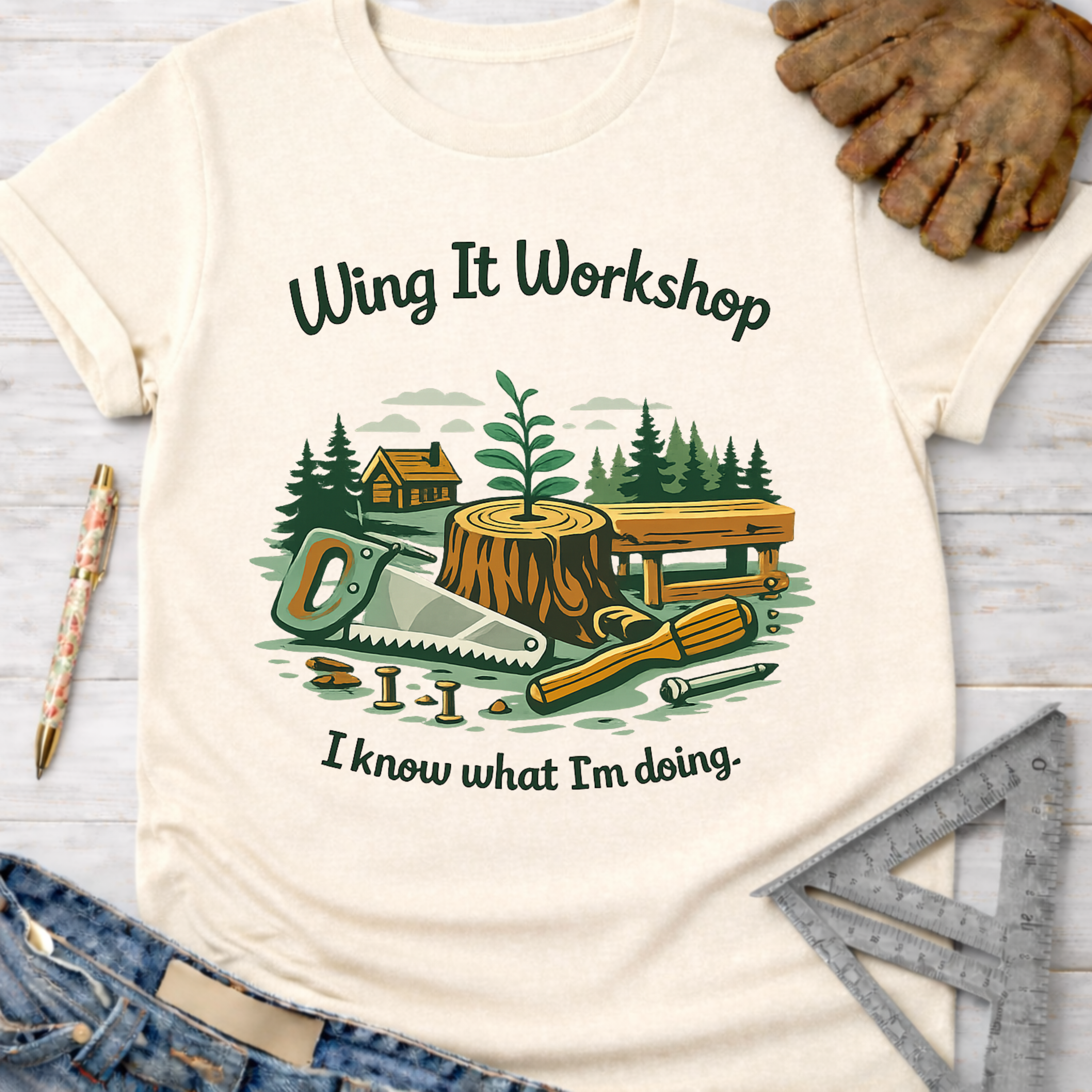 Women's funny woodworking graphic tee shirt for female woodworkers, makers, and DIY builders — Sawdust & Ponytails. Cream cotton tee with "Wing It Workshop" and "I know what I'm doing" text, featuring a saw, stump, and cabin graphic.