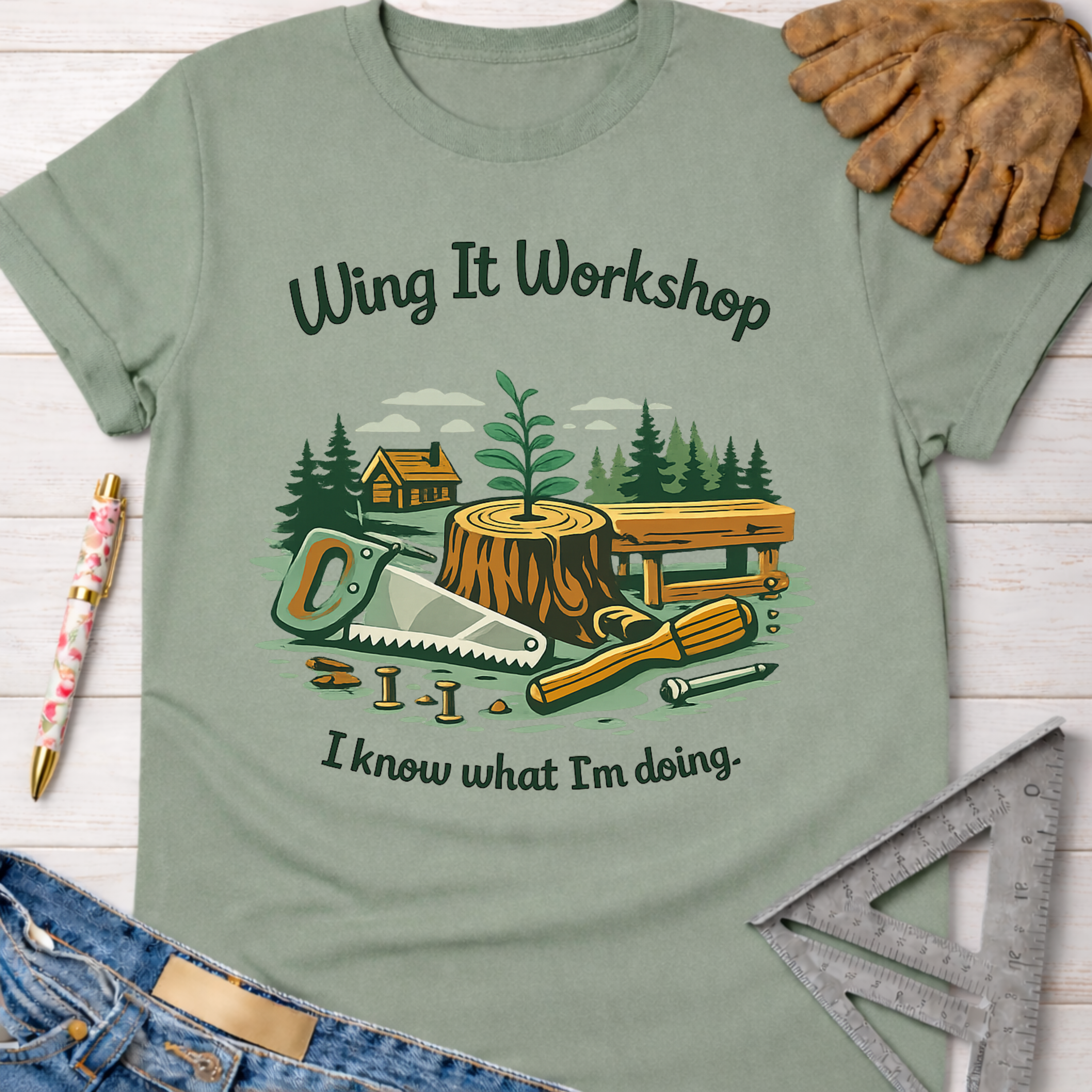 Women's funny woodworking graphic tee shirt for female woodworkers, makers, and DIY builders — Sawdust & Ponytails. Light green cotton tee with "Wing It Workshop" and "I know what I'm doing" text, featuring a saw, screwdriver, stump, and cabin graphic.