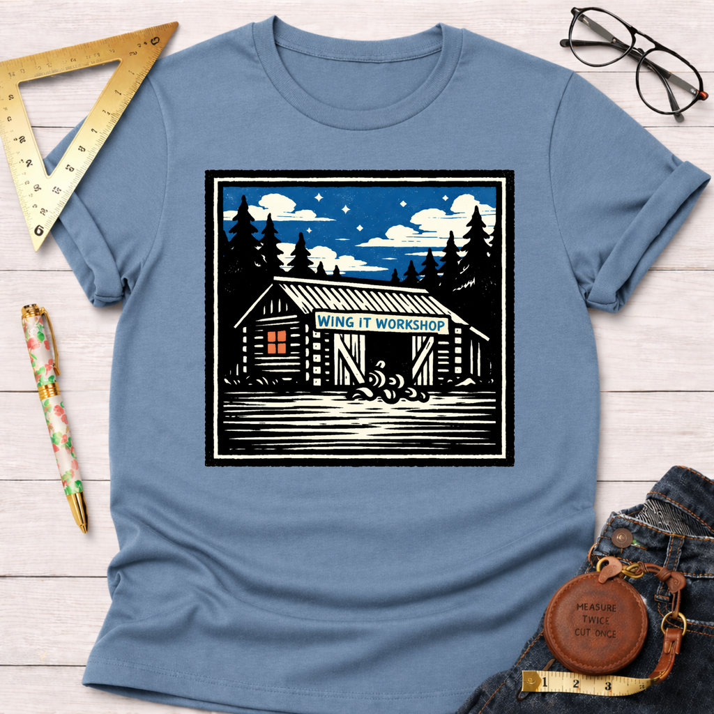 Light blue cotton "Wing It Workshop" graphic tee with a rustic cabin design under a starry sky.