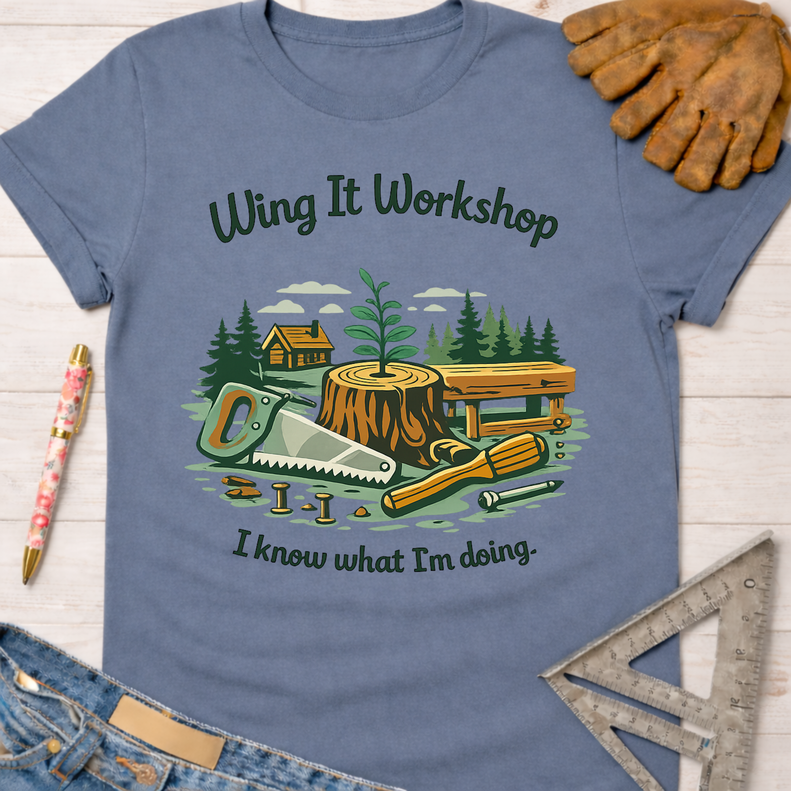 Women's funny woodworking graphic tee shirt for female woodworkers, makers, and DIY builders — Sawdust & Ponytails. Blue cotton tee with "Wing It Workshop" and "I know what I'm doing" text, featuring a saw, screwdriver, tree stump, and cabin graphic.