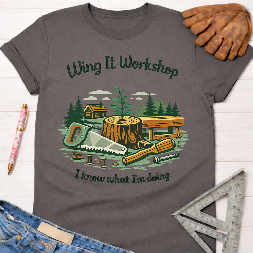 Women's funny woodworking graphic tee shirt for female woodworkers, makers, and DIY builders — Sawdust & Ponytails. Dark gray cotton tee with "Wing It Workshop" and "I know what I'm doing" text, featuring a saw, screwdriver, tree stump, and cabin graphic.