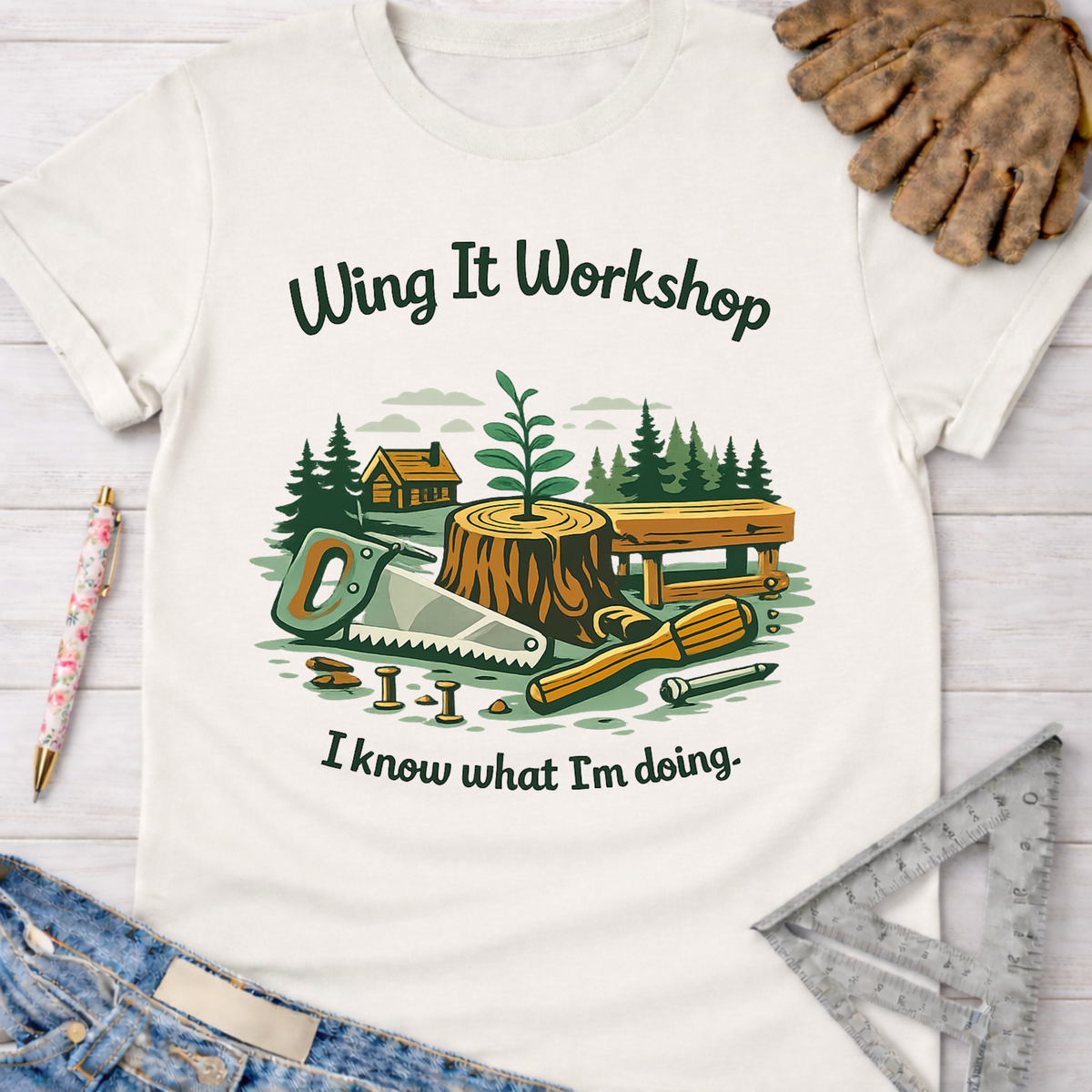 Women's funny woodworking graphic tee shirt for female woodworkers, makers, and DIY builders — Sawdust & Ponytails. White cotton tee with "Wing It Workshop" and "I know what I'm doing" text, featuring a saw, screwdriver, stump, and cabin graphic.