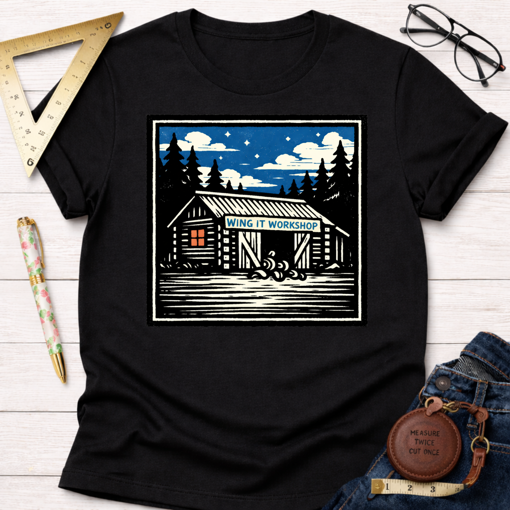 Black cotton "Wing It Workshop" t-shirt with a rustic cabin graphic under a starry night sky.