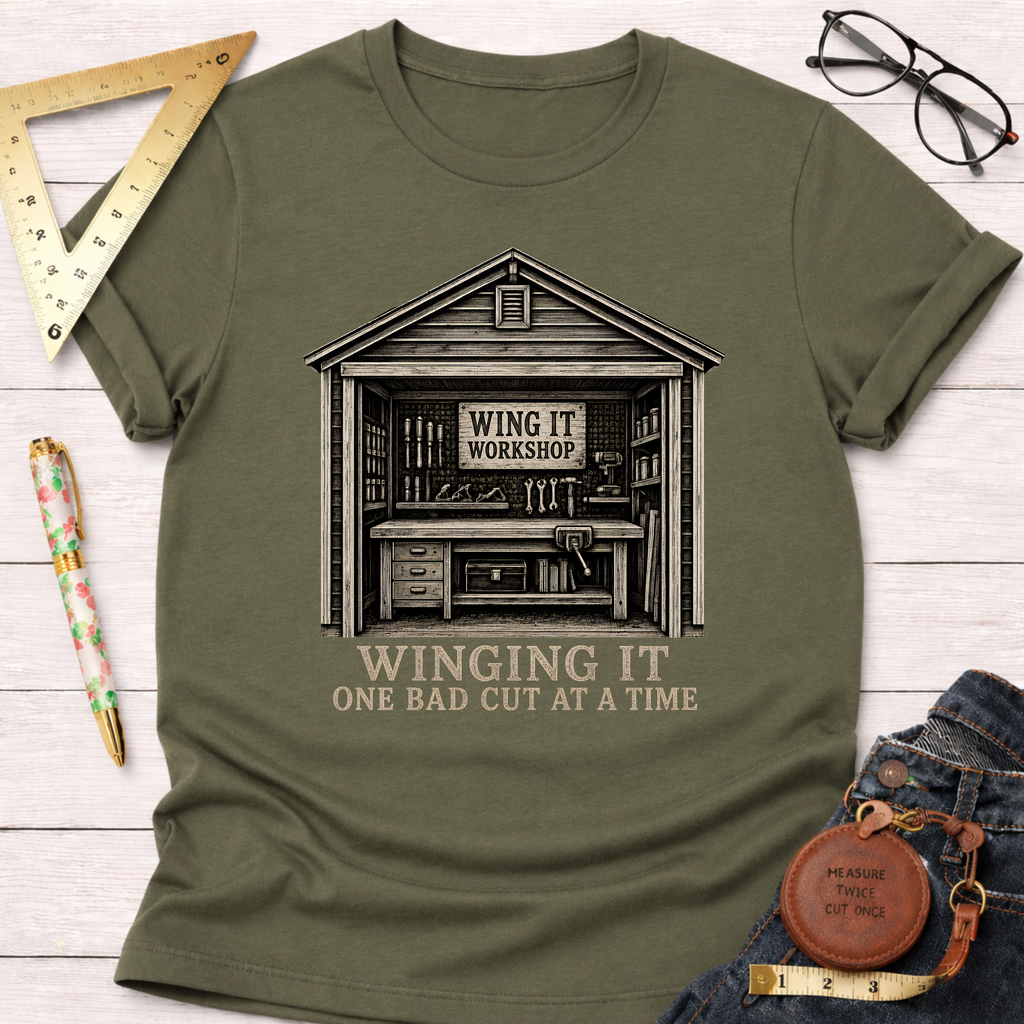 Olive green "Winging It Workshop" t-shirt with a detailed shed graphic and "Winging It One Bad Cut At A Time" text.