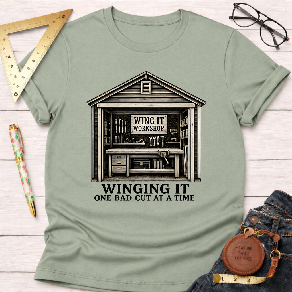 Sage green "Winging It One Bad Cut At A Time" t-shirt with a workshop graphic.