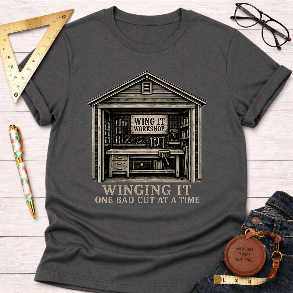 Charcoal gray t-shirt with a "Winging It Workshop" design featuring a detailed woodworking shed.