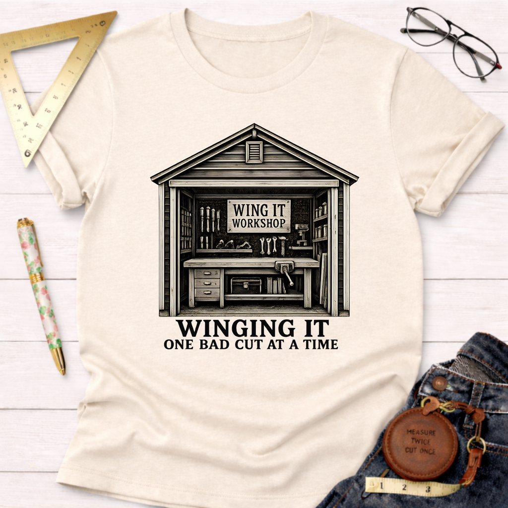 Cream t-shirt with "Winging It Workshop" shed design and "Winging It One Bad Cut At A Time" text.