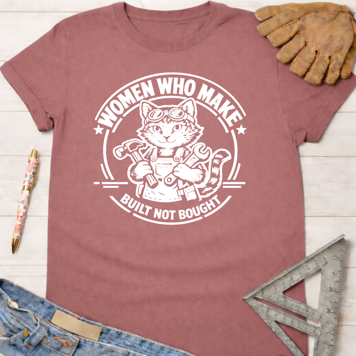 Women's funny woodworking graphic tee shirt for female woodworkers, makers, and DIY builders — Sawdust & Ponytails.