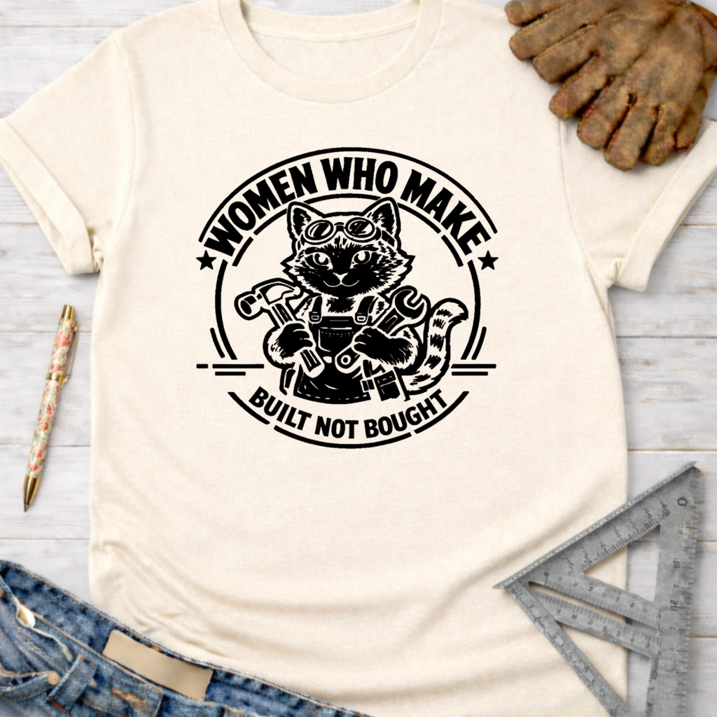 Women's funny woodworking graphic tee shirt for female woodworkers, makers, and DIY builders — Sawdust & Ponytails. Cream t-shirt with a black graphic of a cat wearing goggles and overalls, holding a hammer and wrench, encircled by "WOMEN WHO MAKE. BUILT NOT BOUGHT.