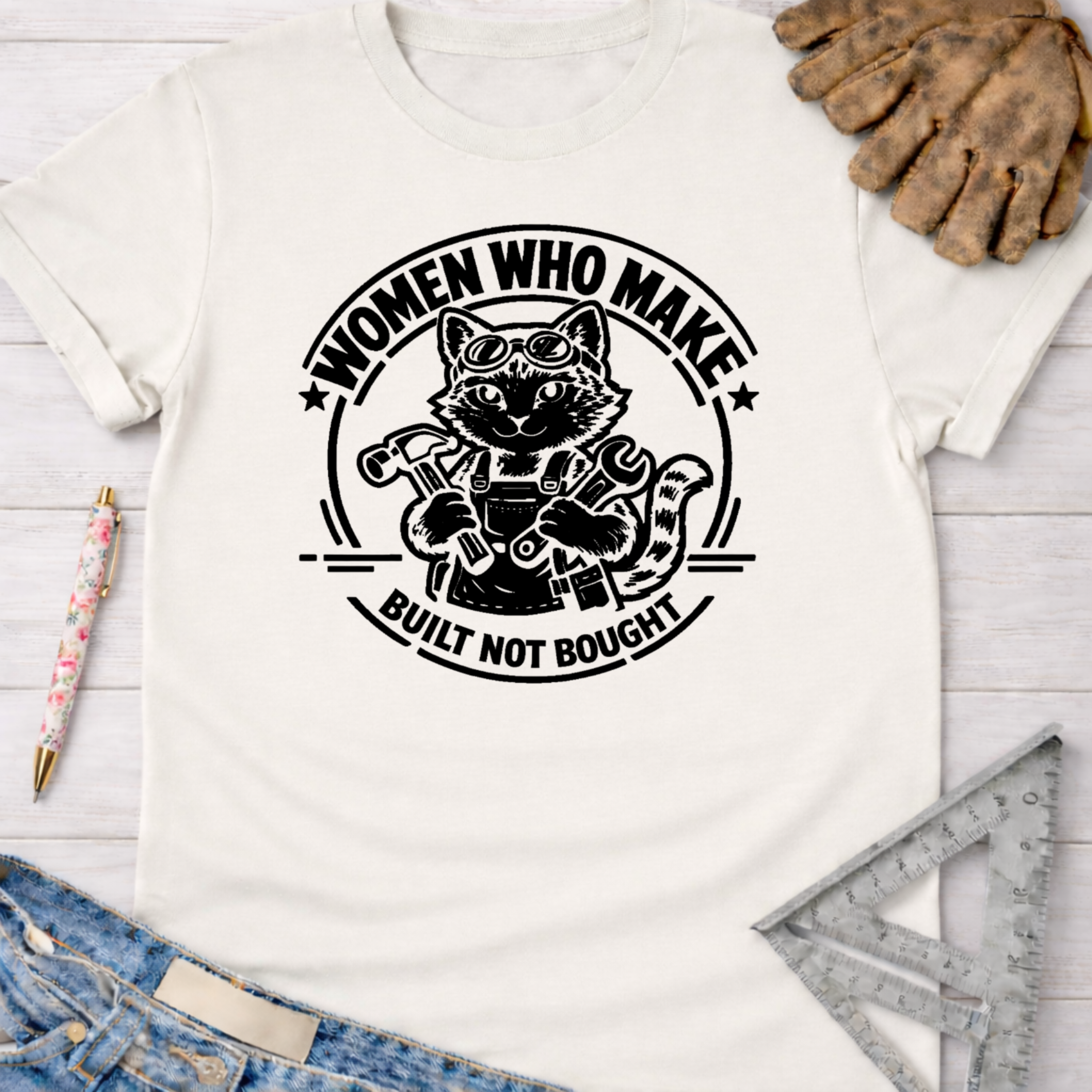 Women's funny woodworking graphic tee shirt for female woodworkers, makers, and DIY builders — Sawdust & Ponytails. White cotton tee with black cat wearing goggles, holding a hammer and wrench, text "Women Who Make. Built Not Bought.