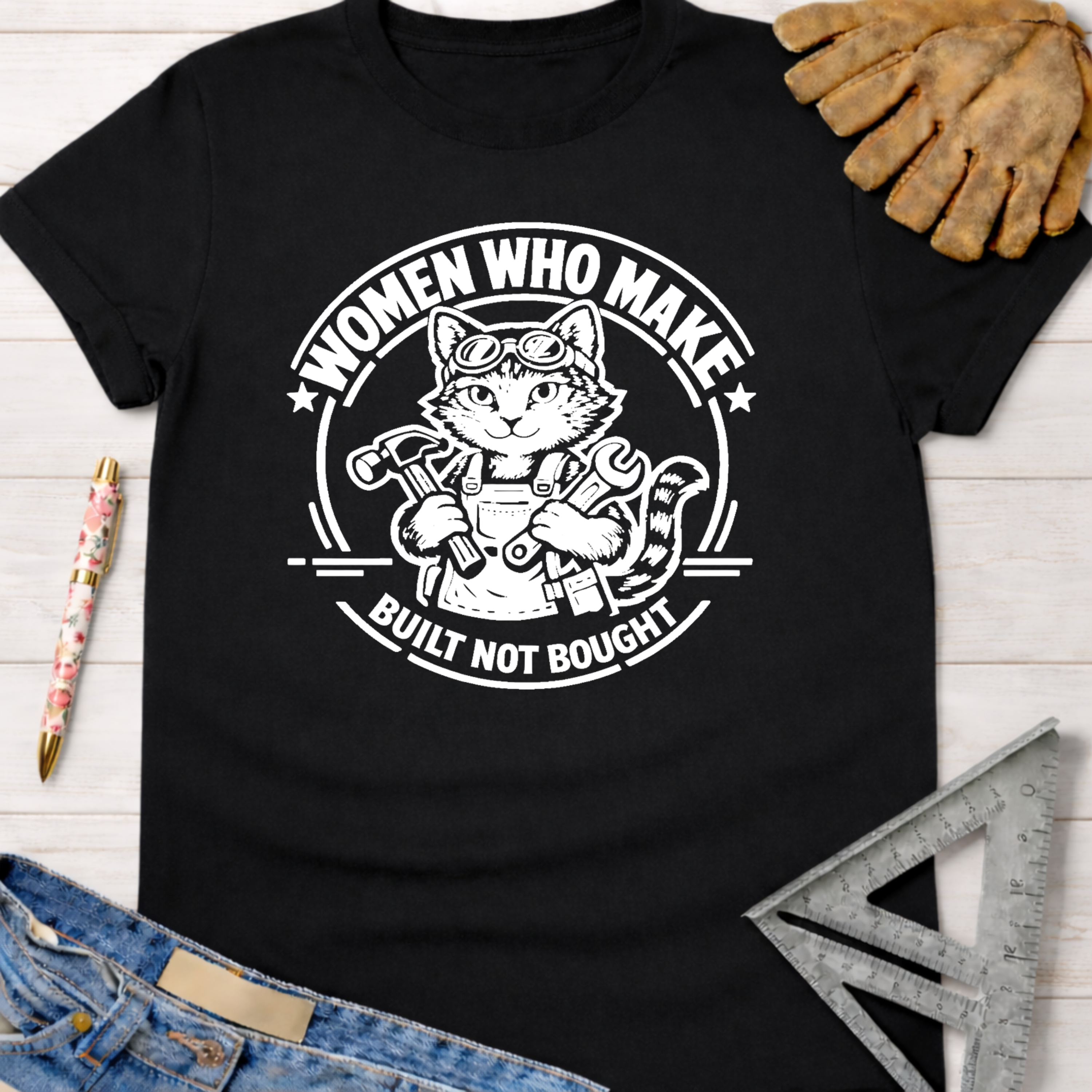 Women's funny woodworking graphic tee shirt for female woodworkers, makers, and DIY builders — Sawdust & Ponytails. Black cotton tee with a white graphic of a cat in goggles and overalls holding a hammer and wrench, encircled by "Women Who Make. Built Not Bought.