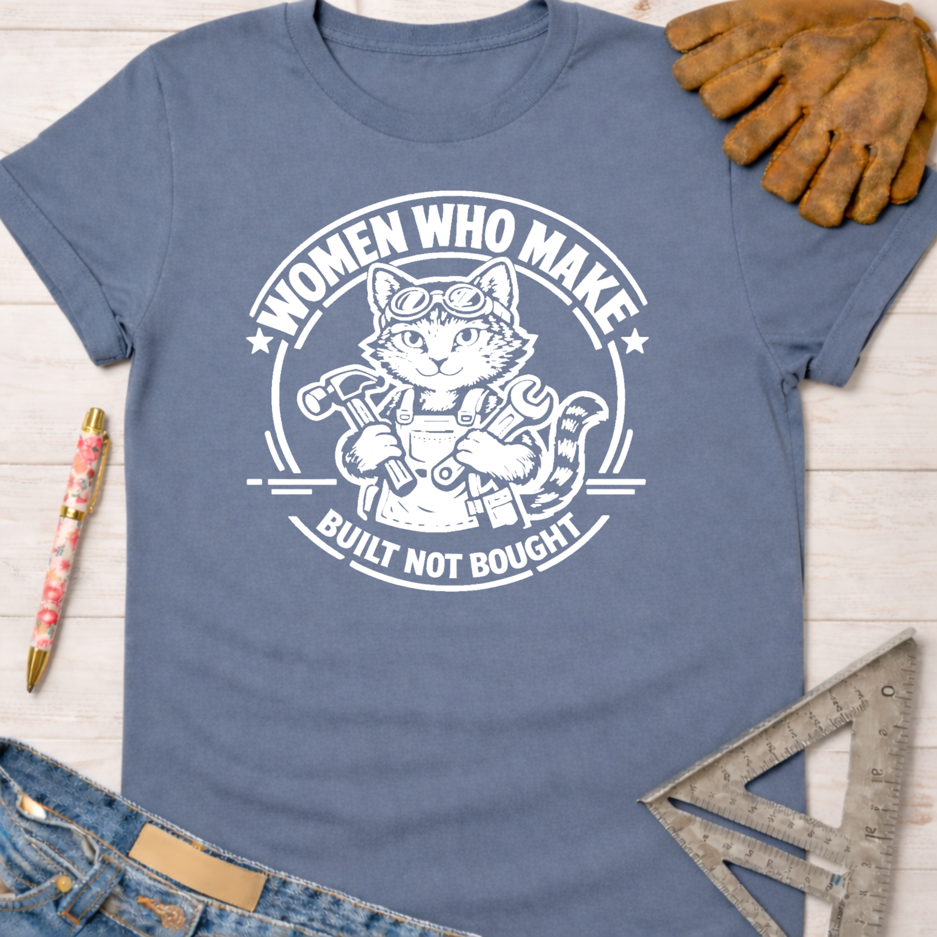 Women's funny woodworking graphic tee shirt for female woodworkers, makers, and DIY builders — Sawdust & Ponytails. Blue cotton tee with white graphic of a cat in goggles and overalls holding tools, text "Women Who Make. Built Not Bought.