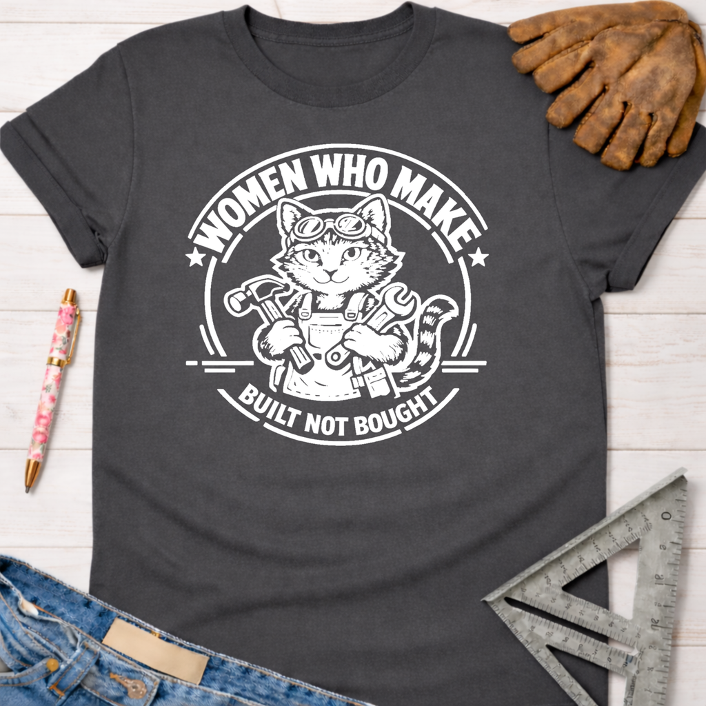 Women's funny woodworking graphic tee shirt for female woodworkers, makers, and DIY builders — Sawdust & Ponytails. Dark gray cotton t-shirt with a white graphic of a cat in goggles and overalls holding a hammer and wrench, encircled by "Women Who Make. Built Not Bought.