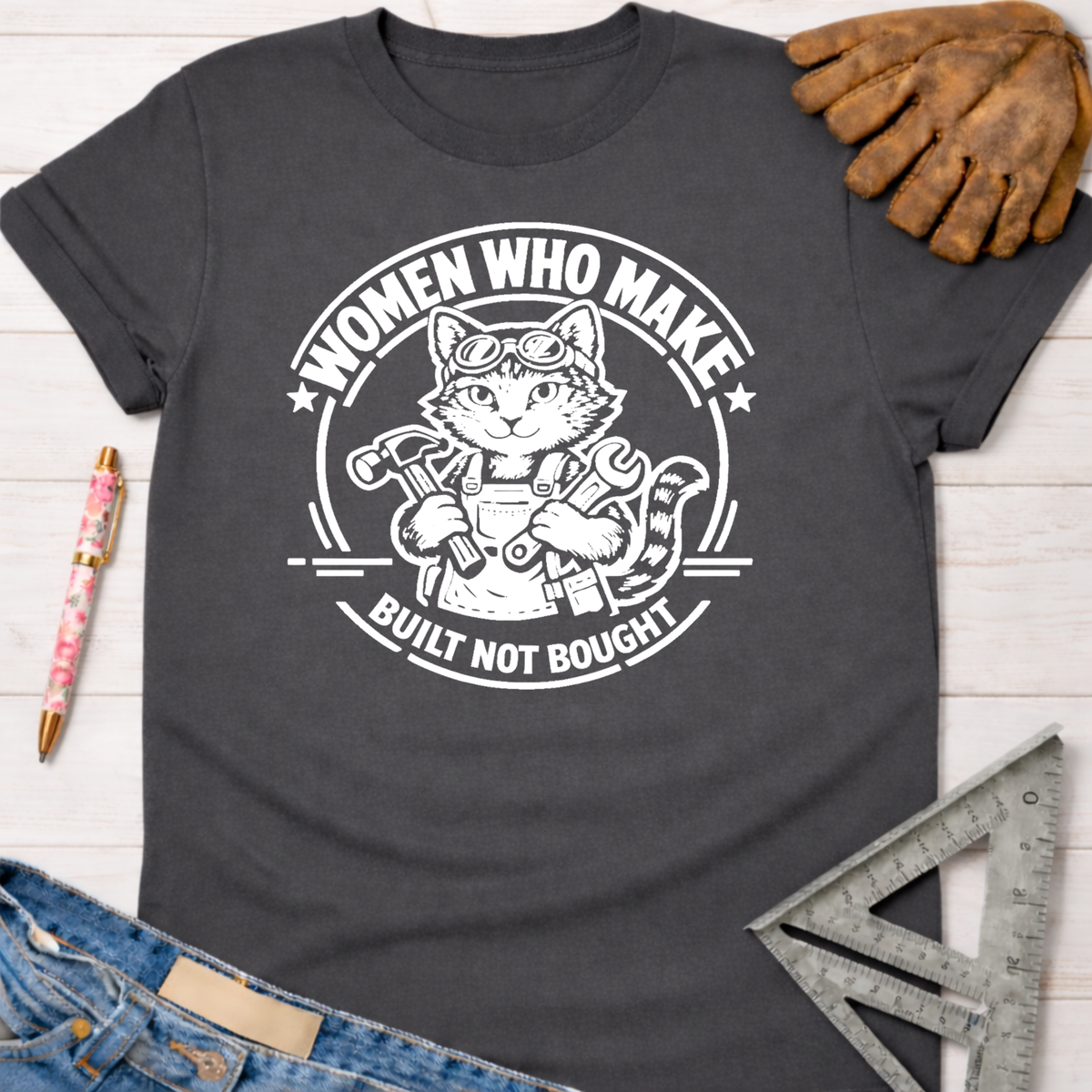 Women's funny woodworking graphic tee shirt for female woodworkers, makers, and DIY builders — Sawdust & Ponytails. Dark gray cotton t-shirt with a white graphic of a cat in goggles and overalls holding a hammer and wrench, encircled by "Women Who Make. Built Not Bought.