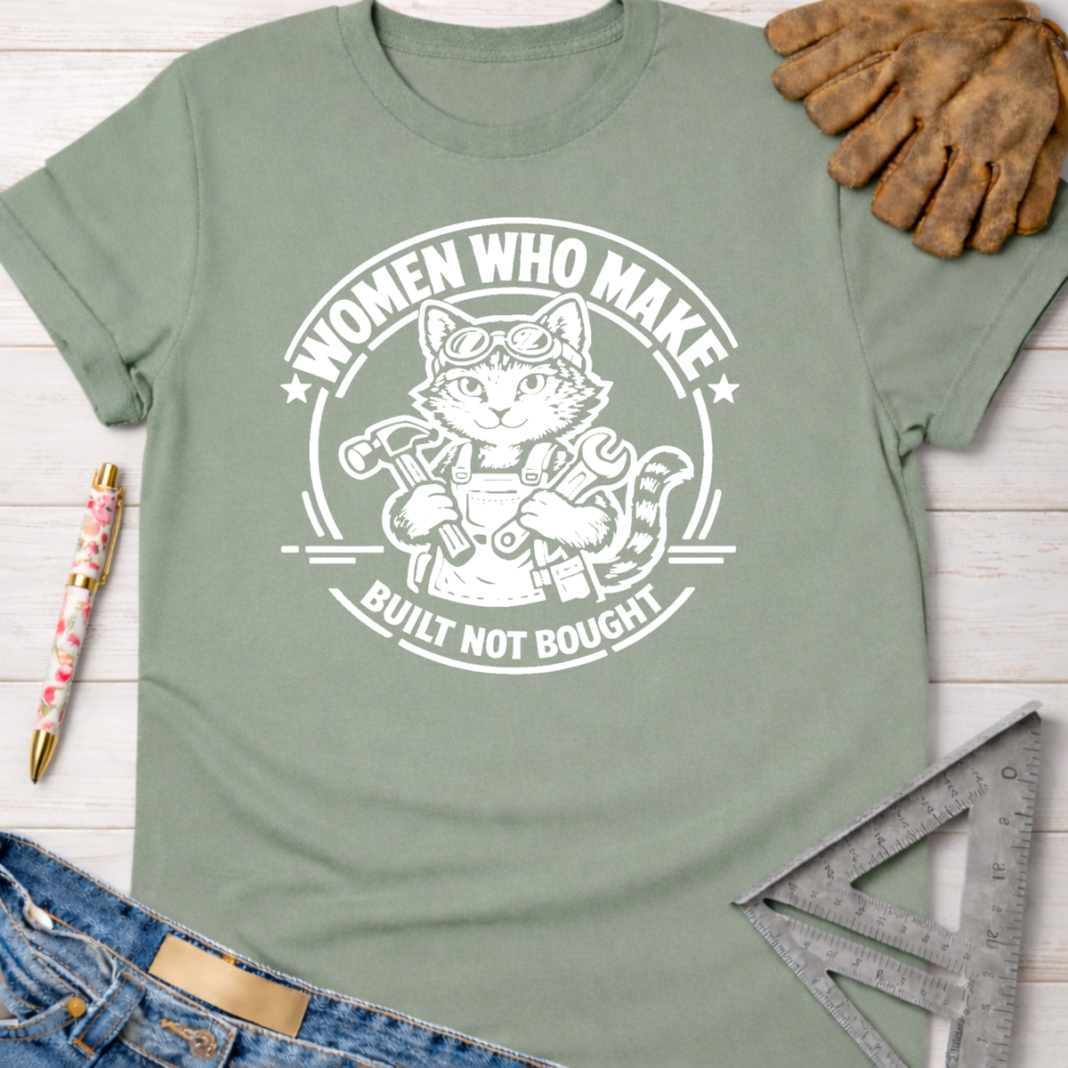 Women's funny woodworking graphic tee shirt for female woodworkers, makers, and DIY builders — Sawdust & Ponytails.