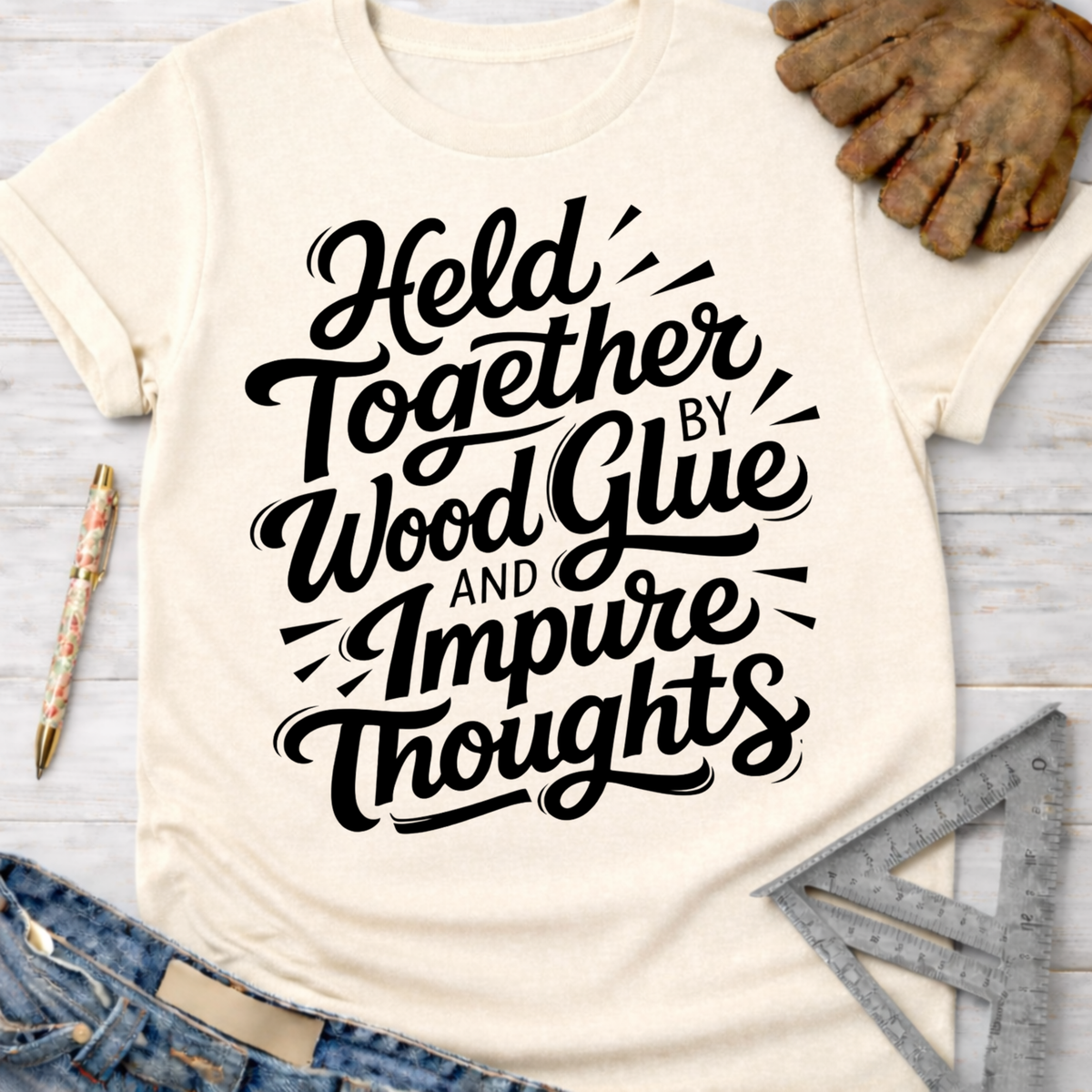 Women's funny woodworking graphic tee shirt for female woodworkers, makers, and DIY builders — Sawdust & Ponytails. Cream t-shirt with "Held Together by Wood Glue and Impure Thoughts" in black script.
