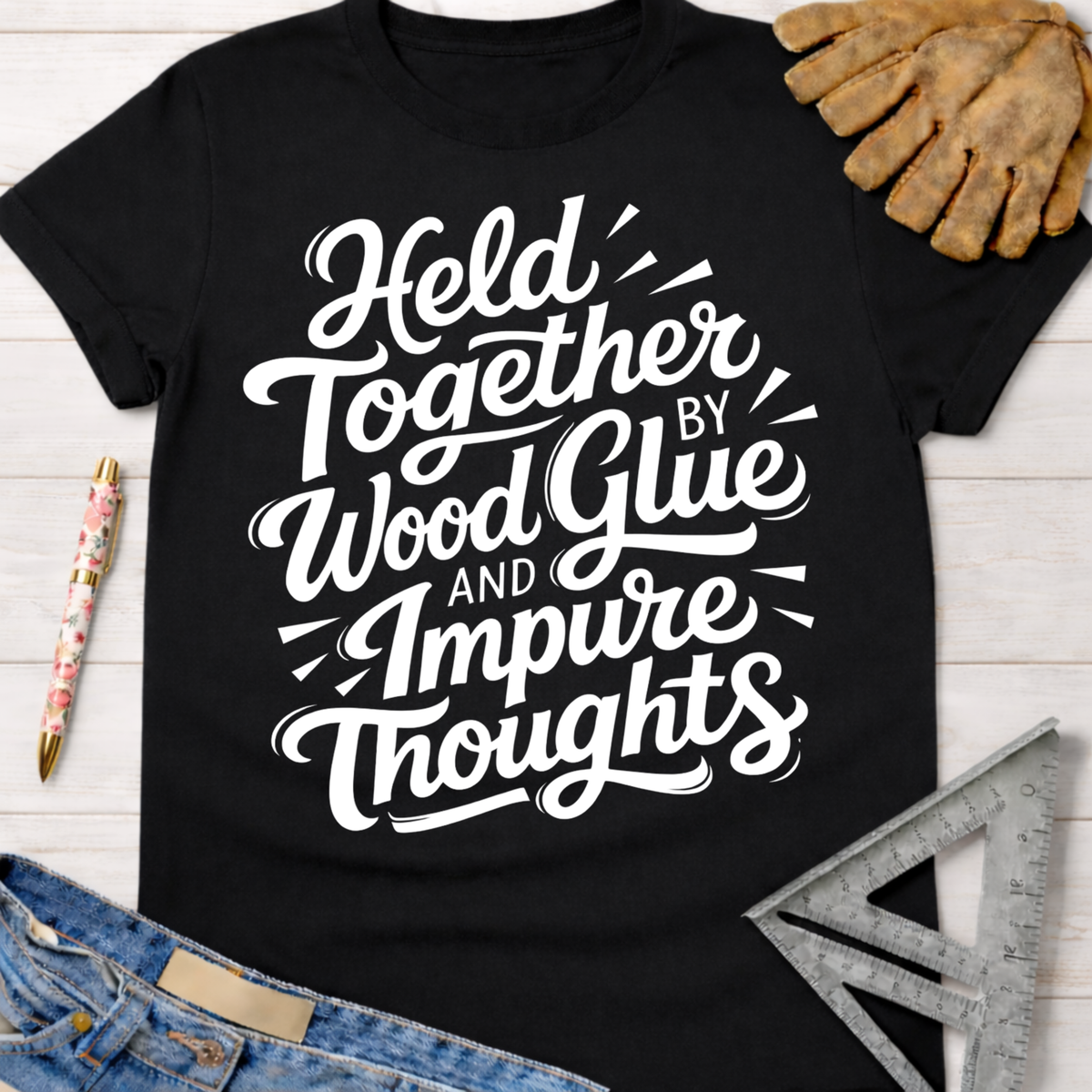 Black women's funny woodworking graphic tee with "Held Together by Wood Glue and Impure Thoughts" in white script.