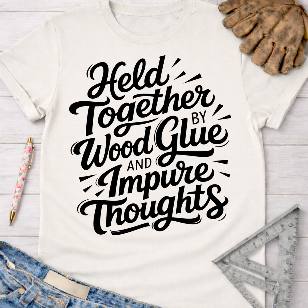 Women's funny woodworking graphic tee shirt for female woodworkers, makers, and DIY builders — Sawdust & Ponytails. White t-shirt with "Held Together by Wood Glue and Impure Thoughts" in black script.