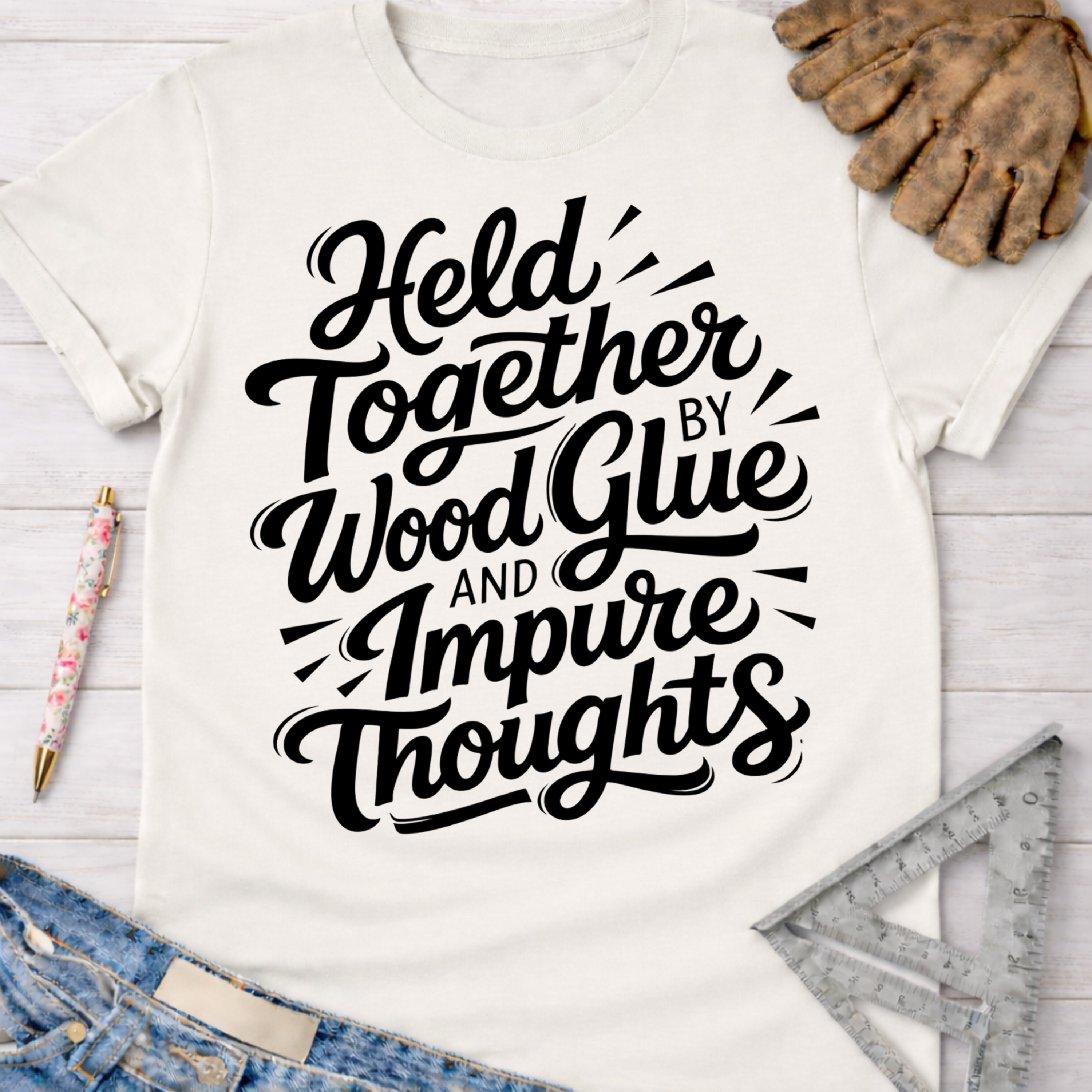 Women's funny woodworking graphic tee shirt for female woodworkers, makers, and DIY builders — Sawdust & Ponytails. White t-shirt with "Held Together by Wood Glue and Impure Thoughts" in black script.