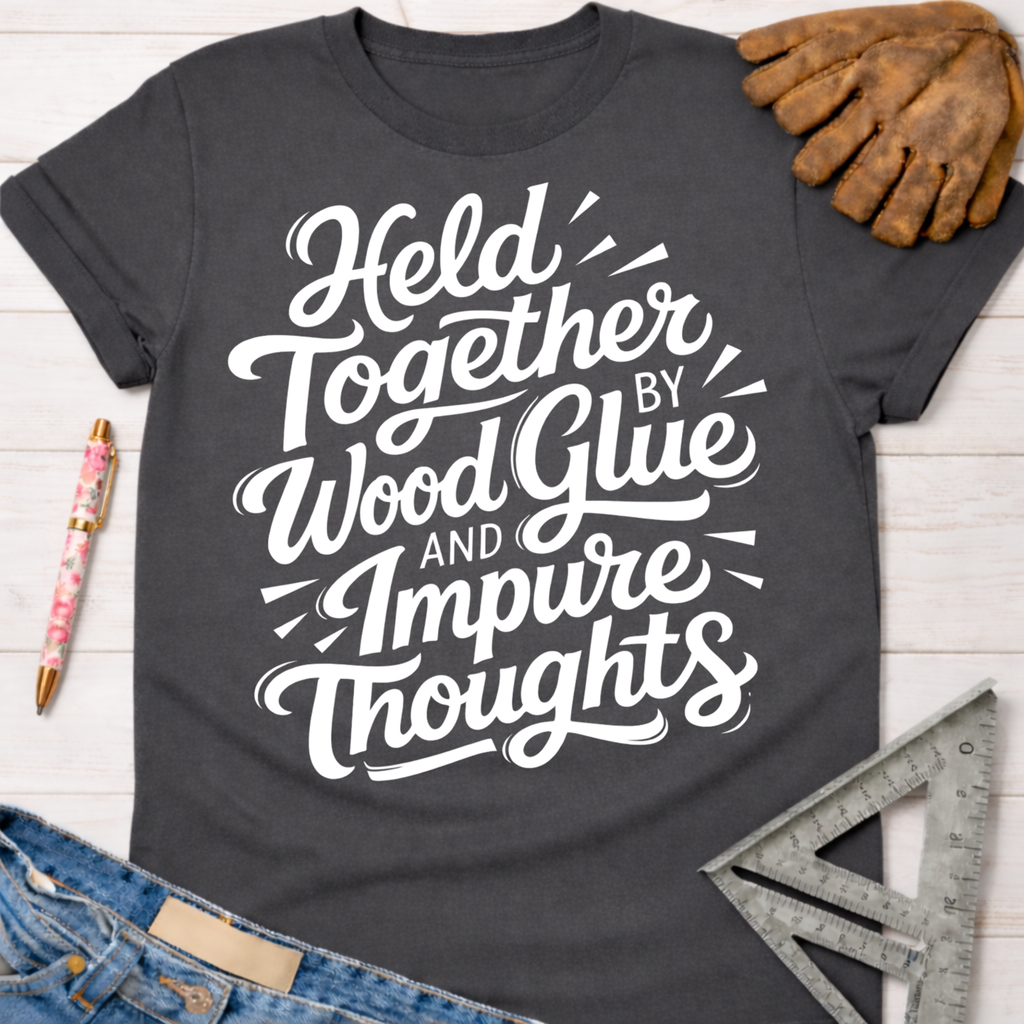 Dark gray women's "Held Together by Wood Glue and Impure Thoughts" graphic tee with work glove, pen, and ruler.