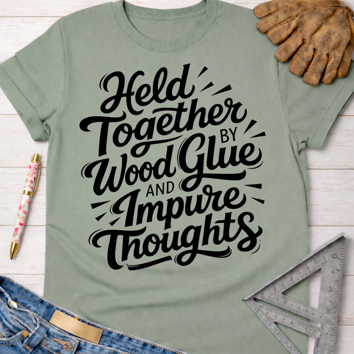 Women's funny woodworking graphic tee shirt for female woodworkers, makers, and DIY builders — Sawdust & Ponytails. Sage green t-shirt with "Held Together by Wood Glue and Impure Thoughts" in black script.