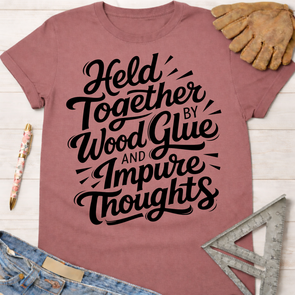 Women's funny woodworking graphic tee shirt for female woodworkers, makers, and DIY builders — Sawdust & Ponytails. Mauve t-shirt with "Held Together by Wood Glue and Impure Thoughts" in black script.