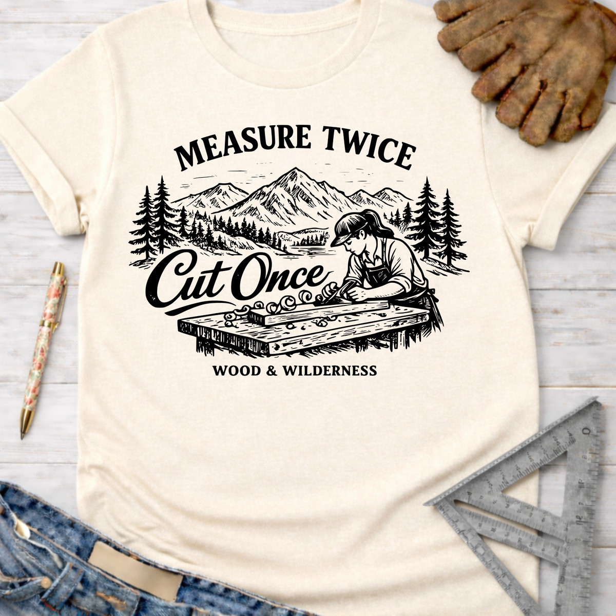 Women's funny woodworking graphic tee shirt for female woodworkers, makers, and DIY builders — Sawdust & Ponytails. Cream t-shirt with "Measure Twice Cut Once" graphic.