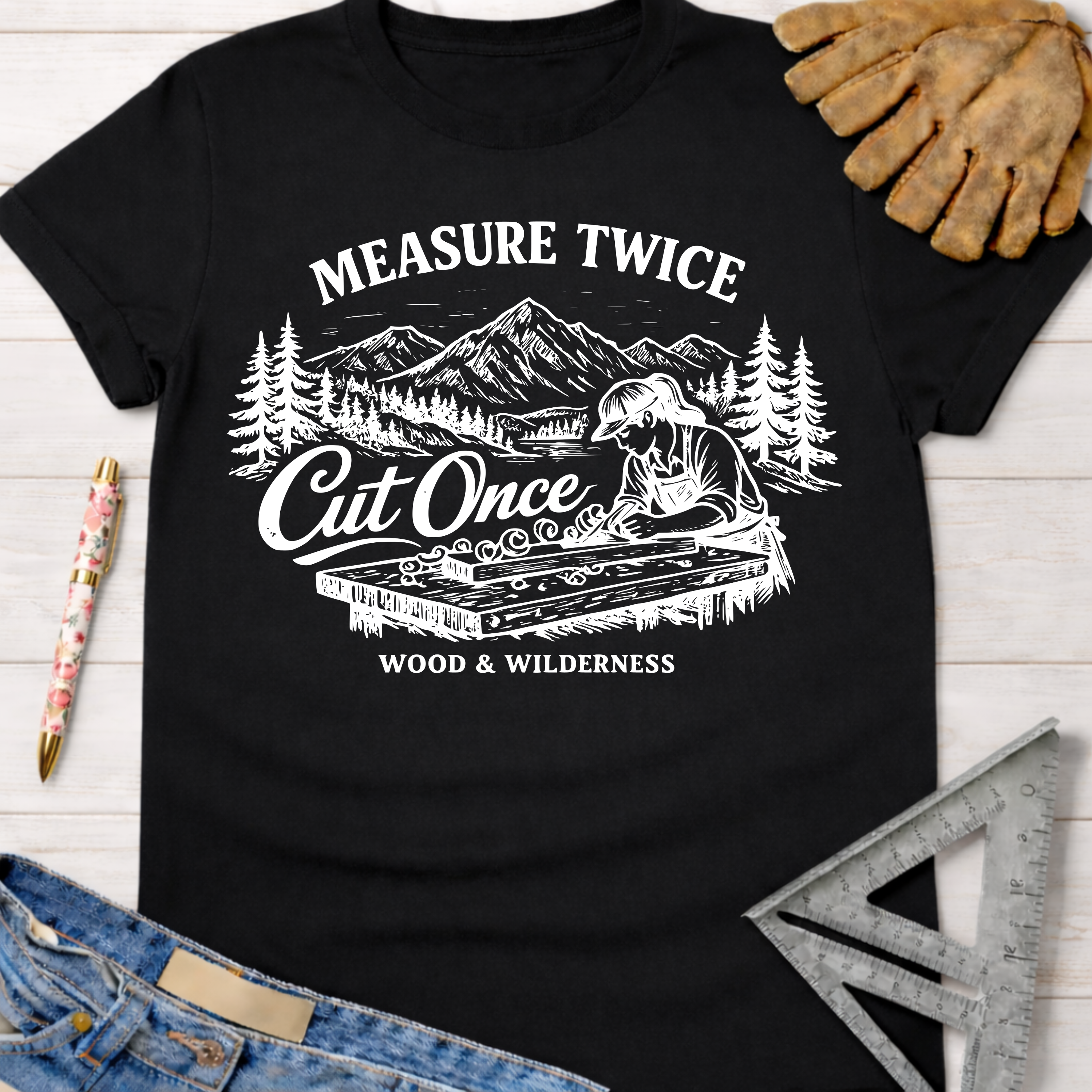 Women's funny woodworking graphic tee shirt for female woodworkers, makers, and DIY builders — Sawdust & Ponytails. Black cotton tee with "Measure Twice Cut Once" text, mountains, trees, and a woman woodworking.