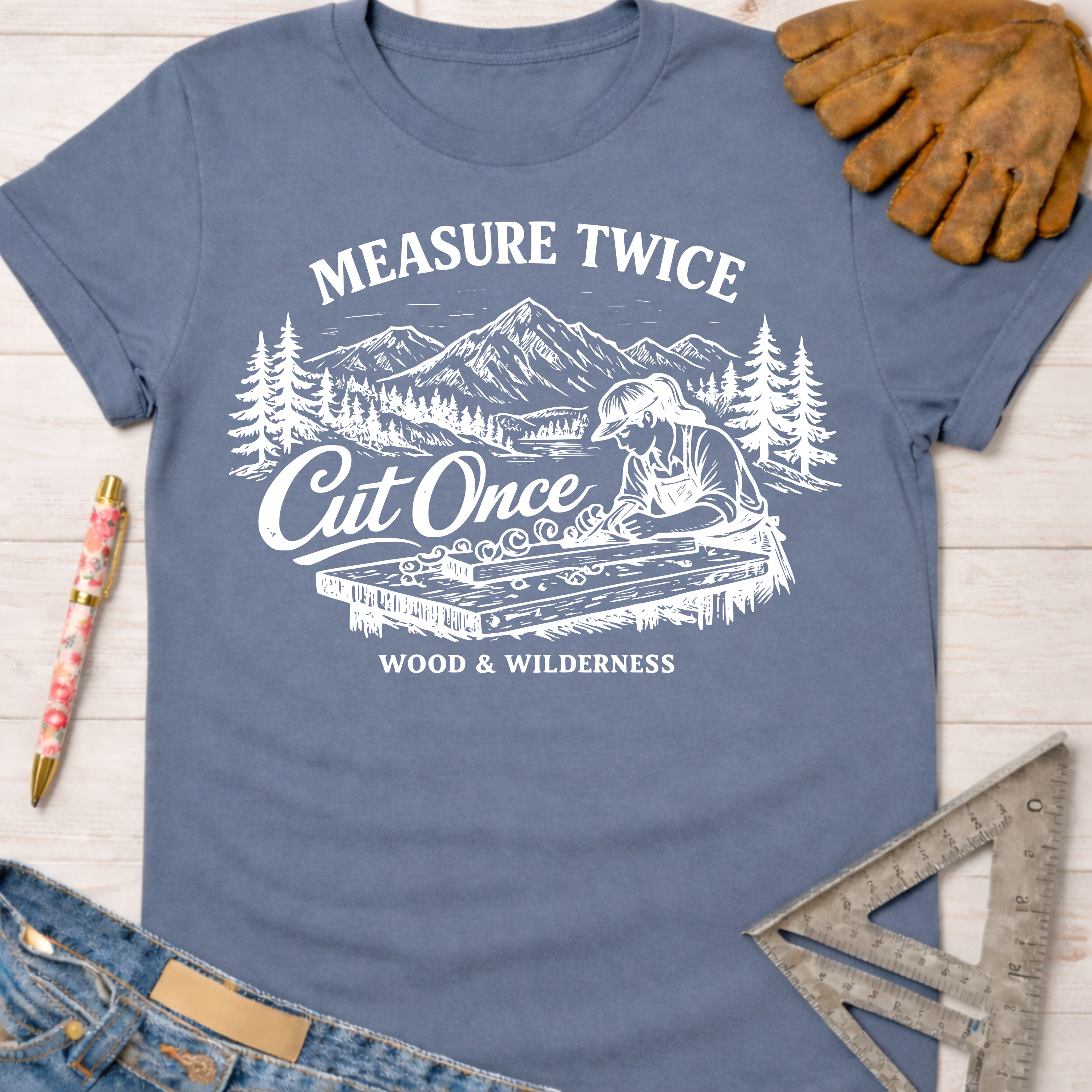 Women's funny woodworking graphic tee shirt for female woodworkers, makers, and DIY builders — Sawdust & Ponytails. Blue cotton tee with "Measure Twice Cut Once" graphic.