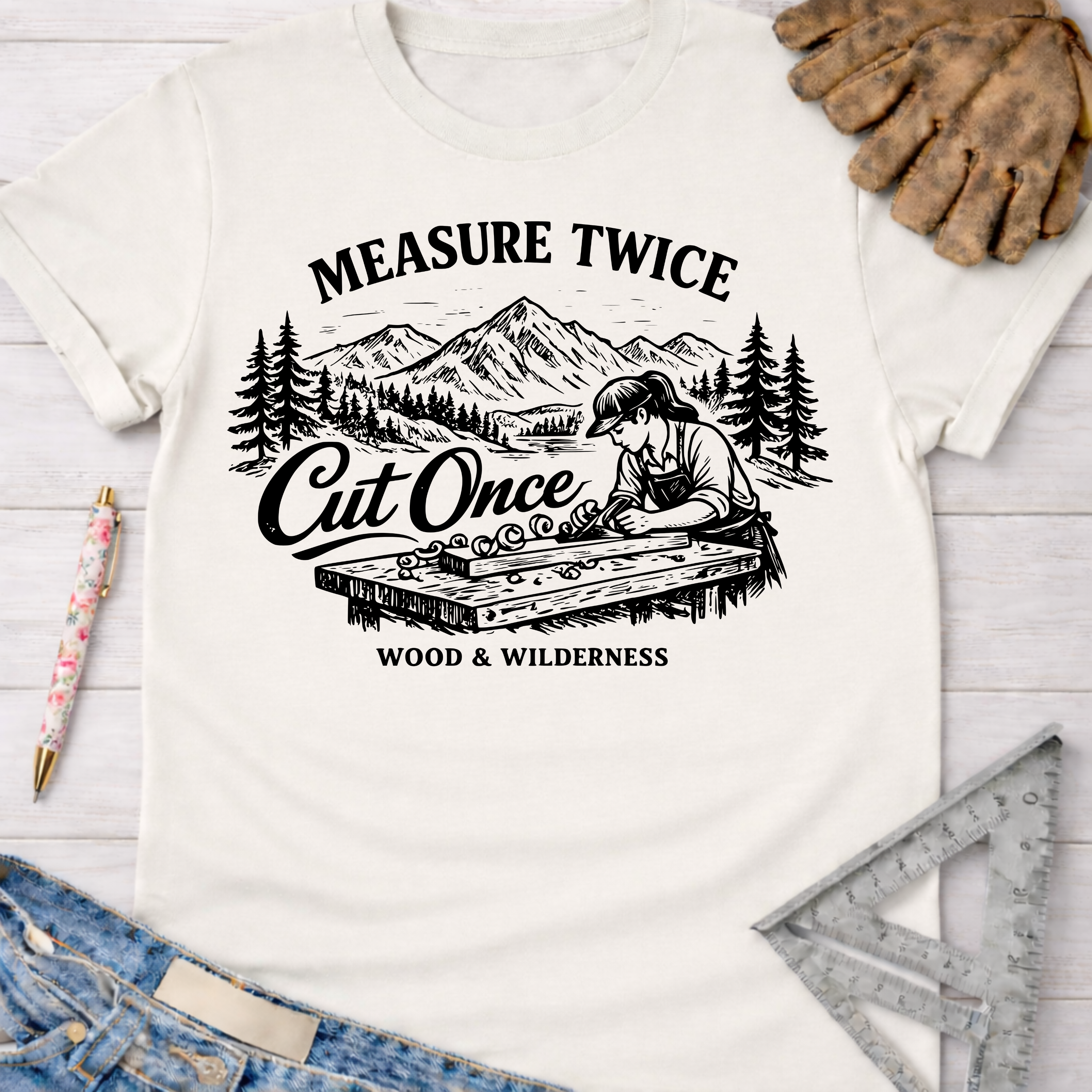 Women's funny woodworking graphic tee shirt for female woodworkers, makers, and DIY builders — Sawdust & Ponytails. Cream short-sleeve tee with "Measure Twice Cut Once" graphic of a woman planing wood, mountains, and trees.