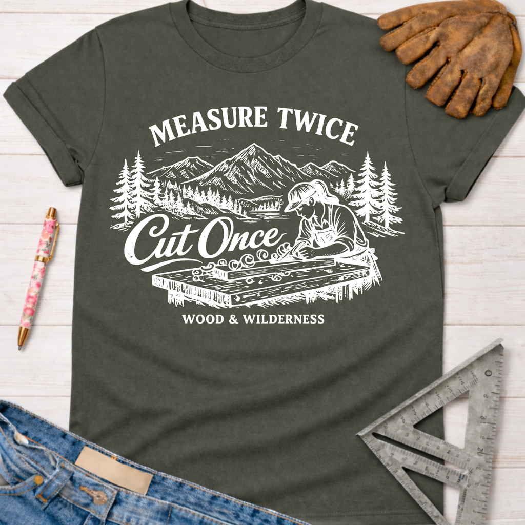 Women's funny woodworking graphic tee shirt for female woodworkers, makers, and DIY builders — Sawdust & Ponytails. Dark gray cotton tee with "Measure Twice Cut Once" graphic.