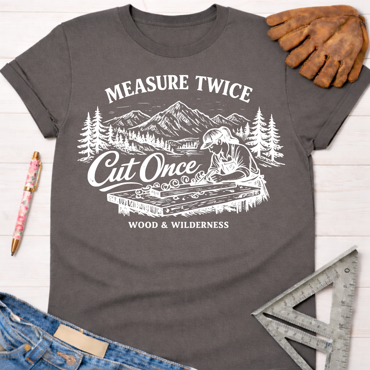 Women's funny woodworking graphic tee shirt for female woodworkers, makers, and DIY builders — Sawdust & Ponytails. Dark gray tee with "Measure Twice Cut Once" text, mountains, trees, and a woman woodworking.