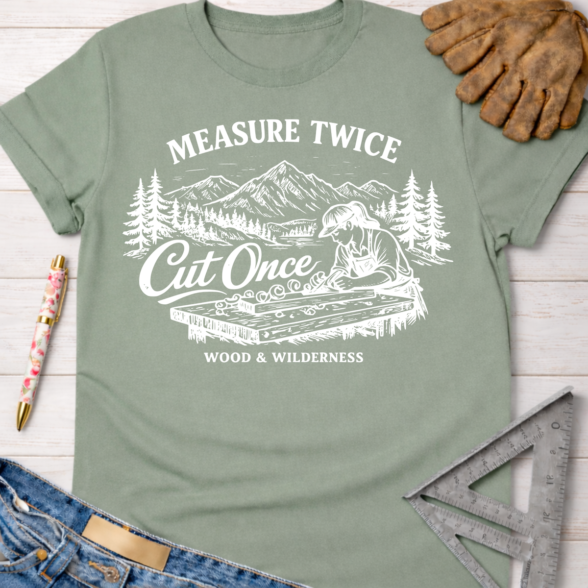 Women's funny woodworking graphic tee shirt for female woodworkers, makers, and DIY builders — Sawdust & Ponytails. Sage green cotton t-shirt with "Measure Twice Cut Once" graphic featuring a woman woodworking in mountains.