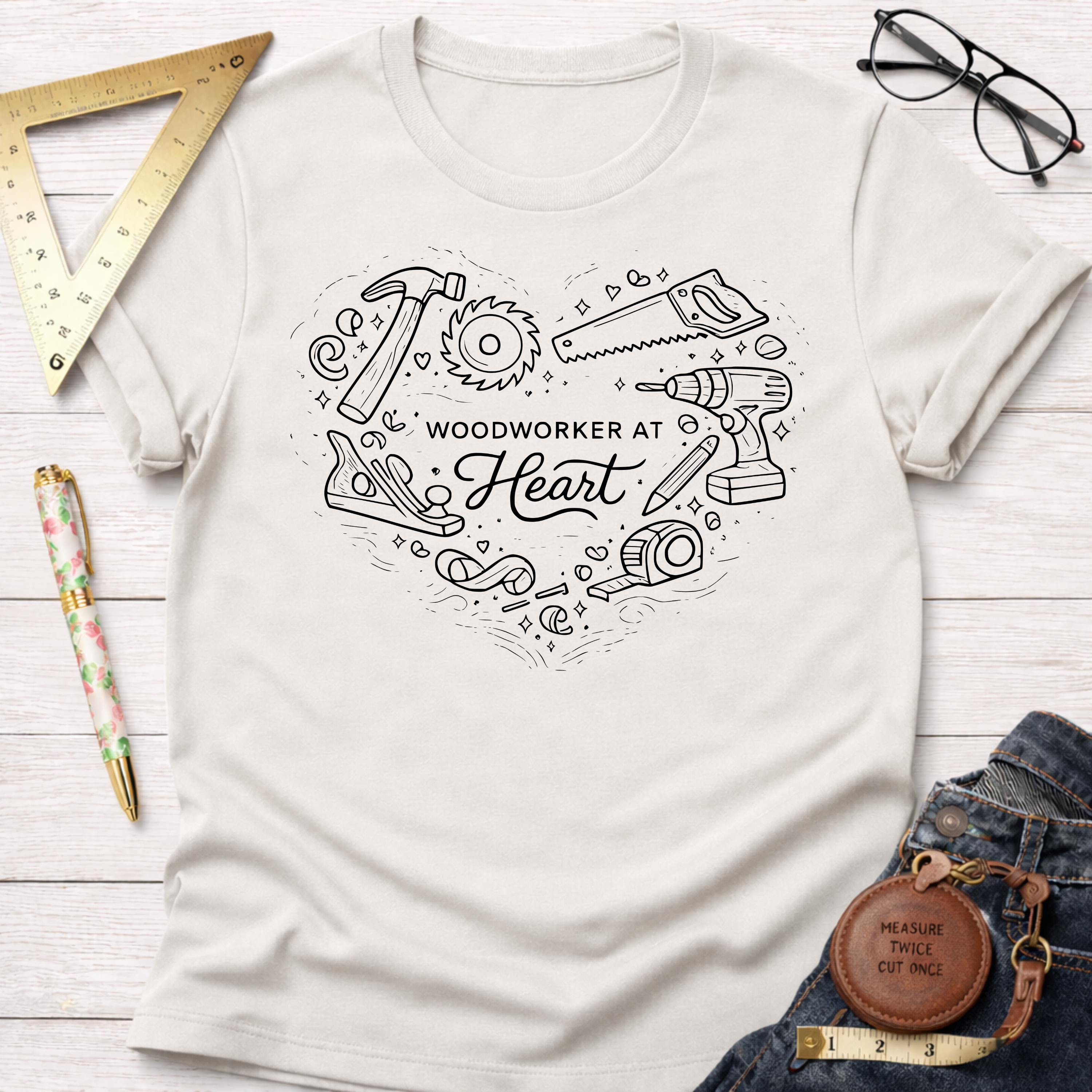 Cream "Woodworker At Heart" T-shirt with black woodworking tools forming a heart design.