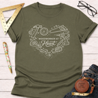 Olive green Woodworker At Heart T-shirt with white heart-shaped woodworking tools graphic.