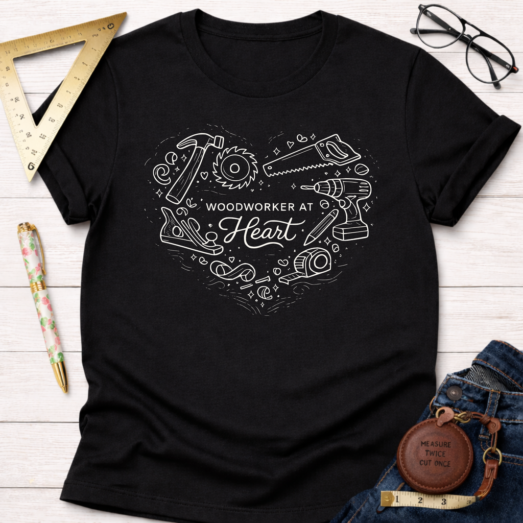 Black "Woodworker At Heart" t-shirt with white heart-shaped woodworking tools graphic.