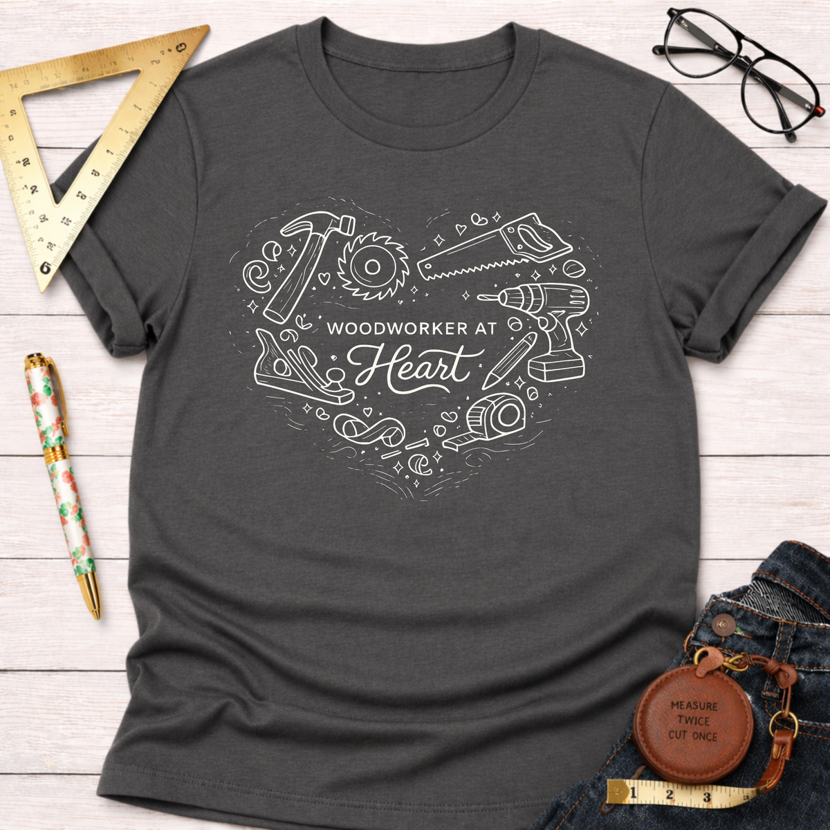 Charcoal gray "Woodworker At Heart" T-shirt with white woodworking tools design, flat lay on wood.